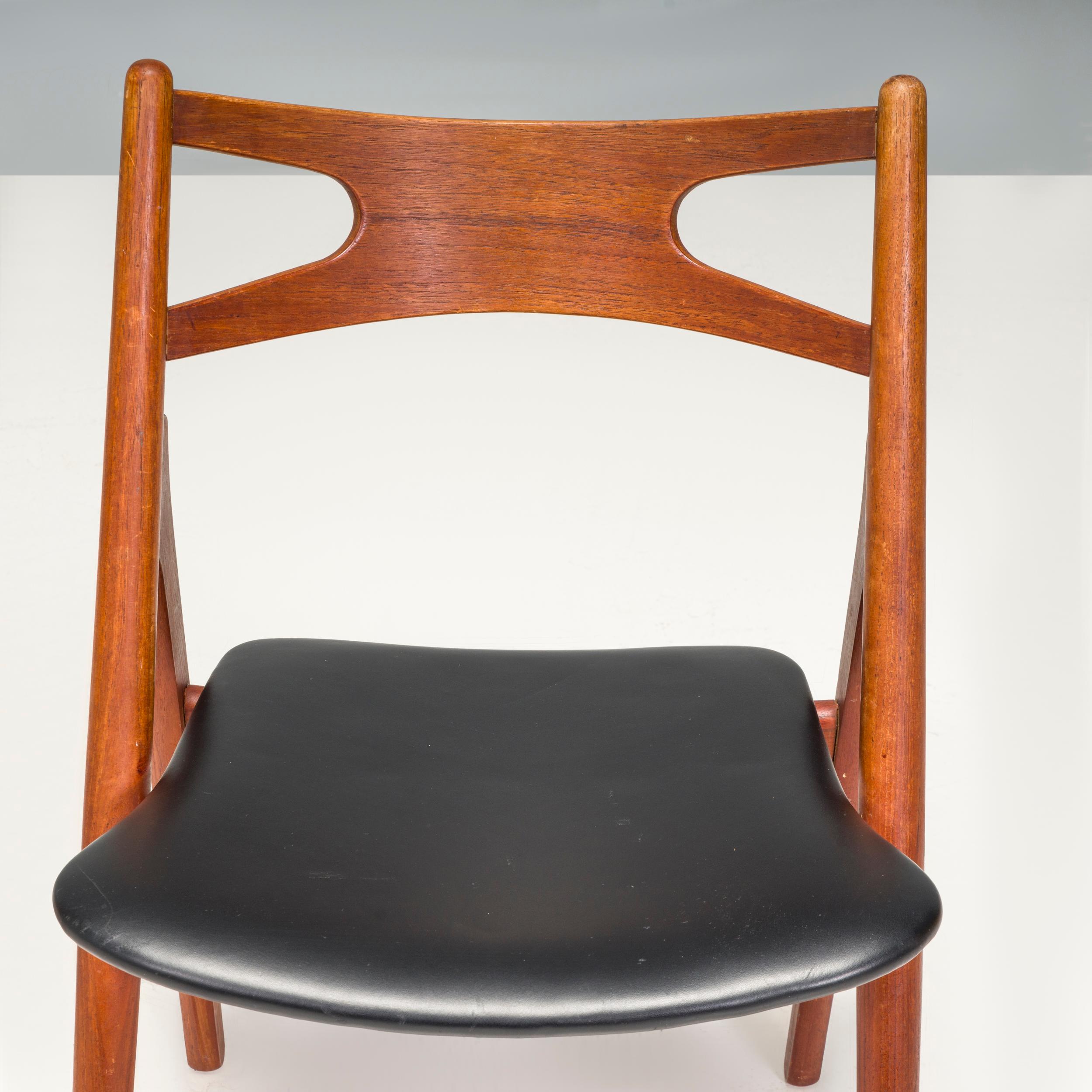 Hans J. Wegner Teak & Black Leather CH29P Sawbuck Dining Chairs, 1960s, Set of 2 For Sale 1