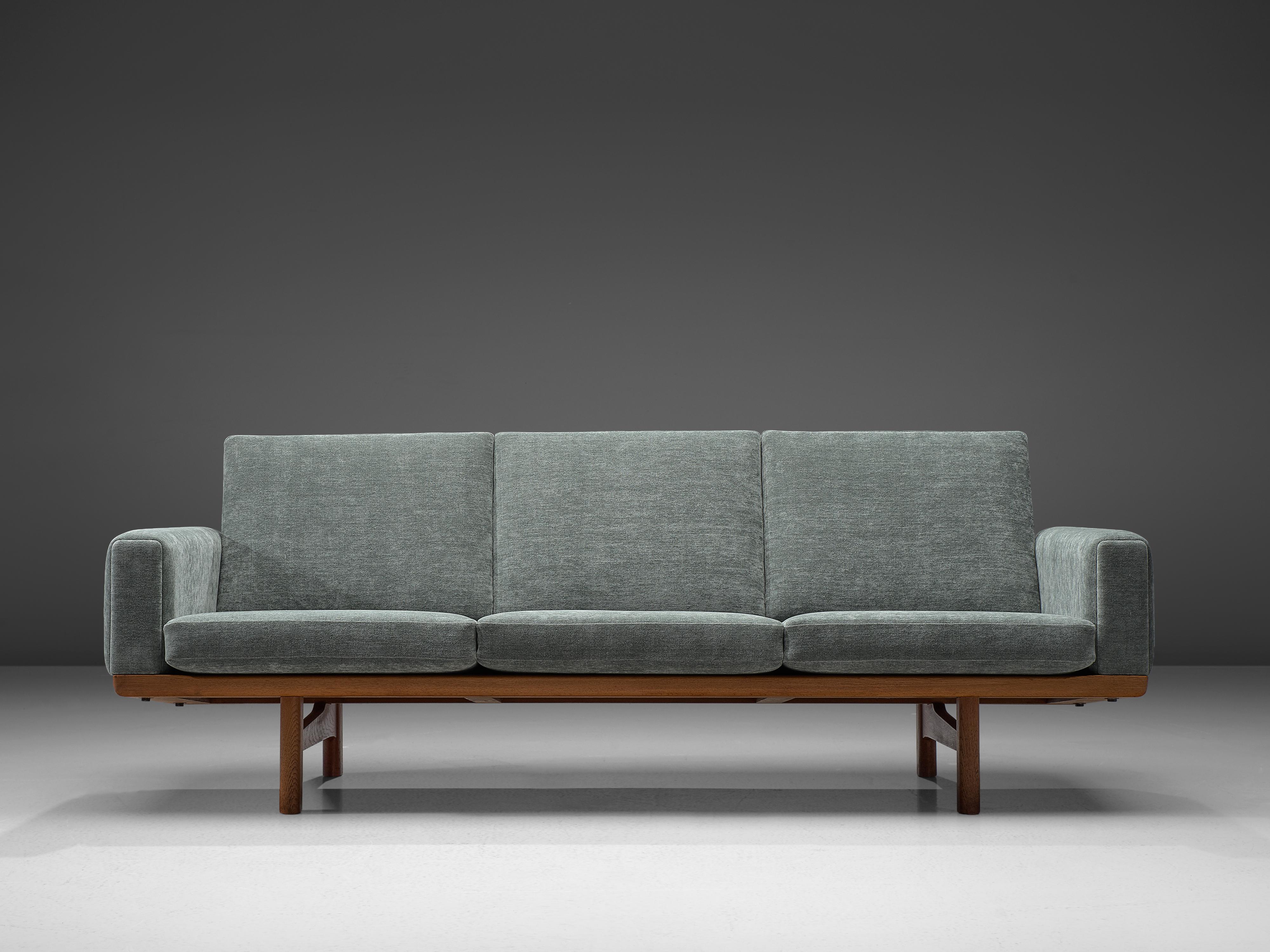 Danish Hans J. Wegner Three-Seat Sofa Reupholstered in Blue Fabric