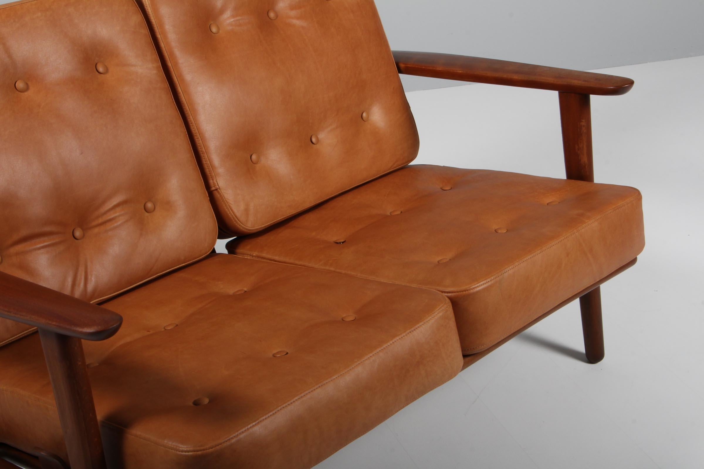 Danish Hans J. Wegner Two Seat Sofa, Model 233, Cognac Aniline Leather