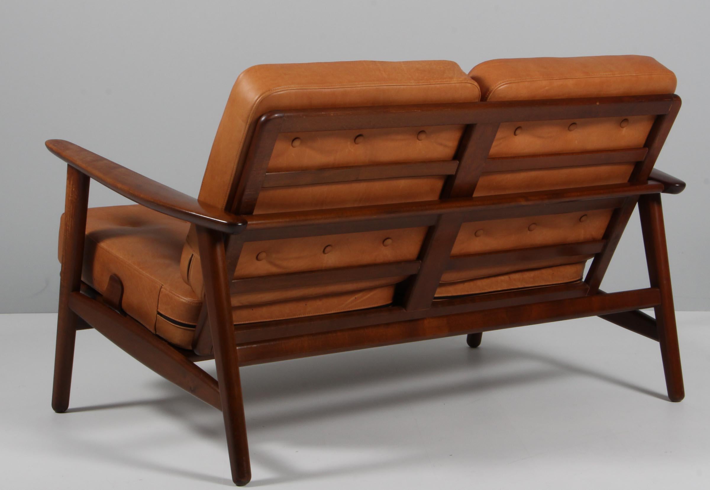 Beech Hans J. Wegner Two Seat Sofa, Model 233, Cognac Aniline Leather