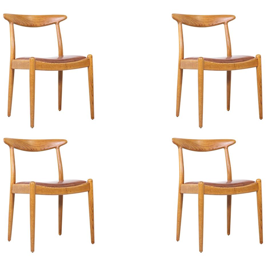 Hans J. Wegner W2 Oak and Leather Dining Chairs for C.M. Madsen