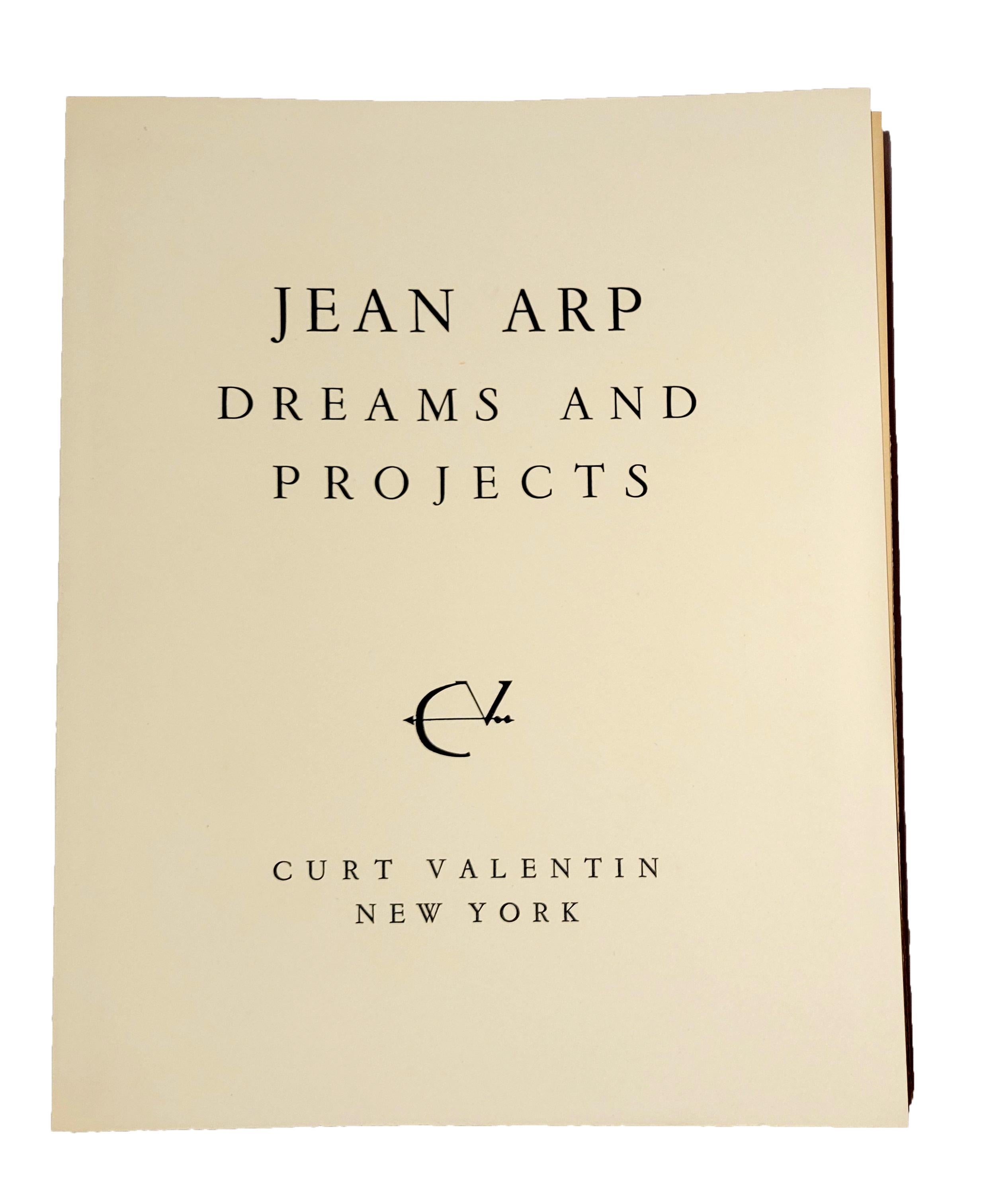 ARP, Jean.  Dreams and Projects. Illustrated with 28 woodcuts by Jean Arp of which 21 are printed in black and 7 in gray and black. Small folio, bound loose in the original wrappers and publisher's cardboard slipcase. New York: Curt Valentin,
