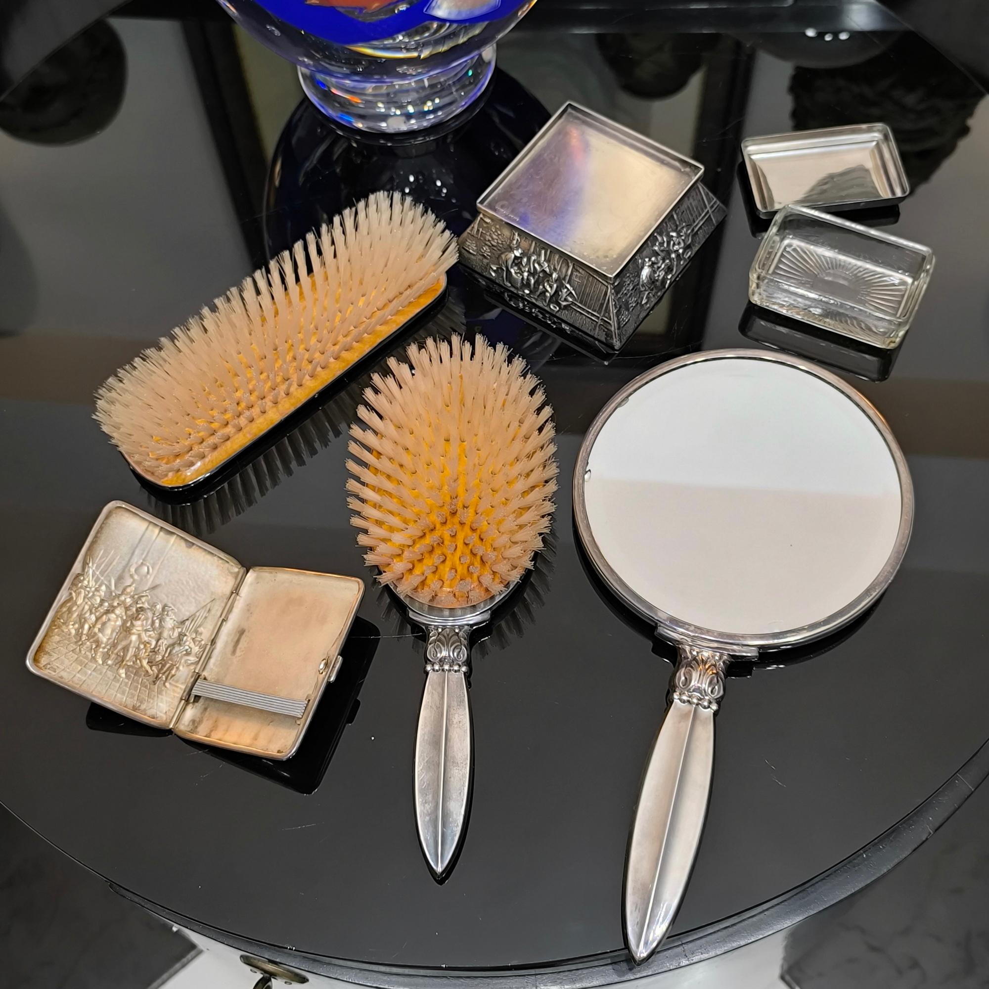 Danish Hans Jensen 6-Piece Vanity Set – Embossed Silver-Plated Alpacca, Denmark For Sale