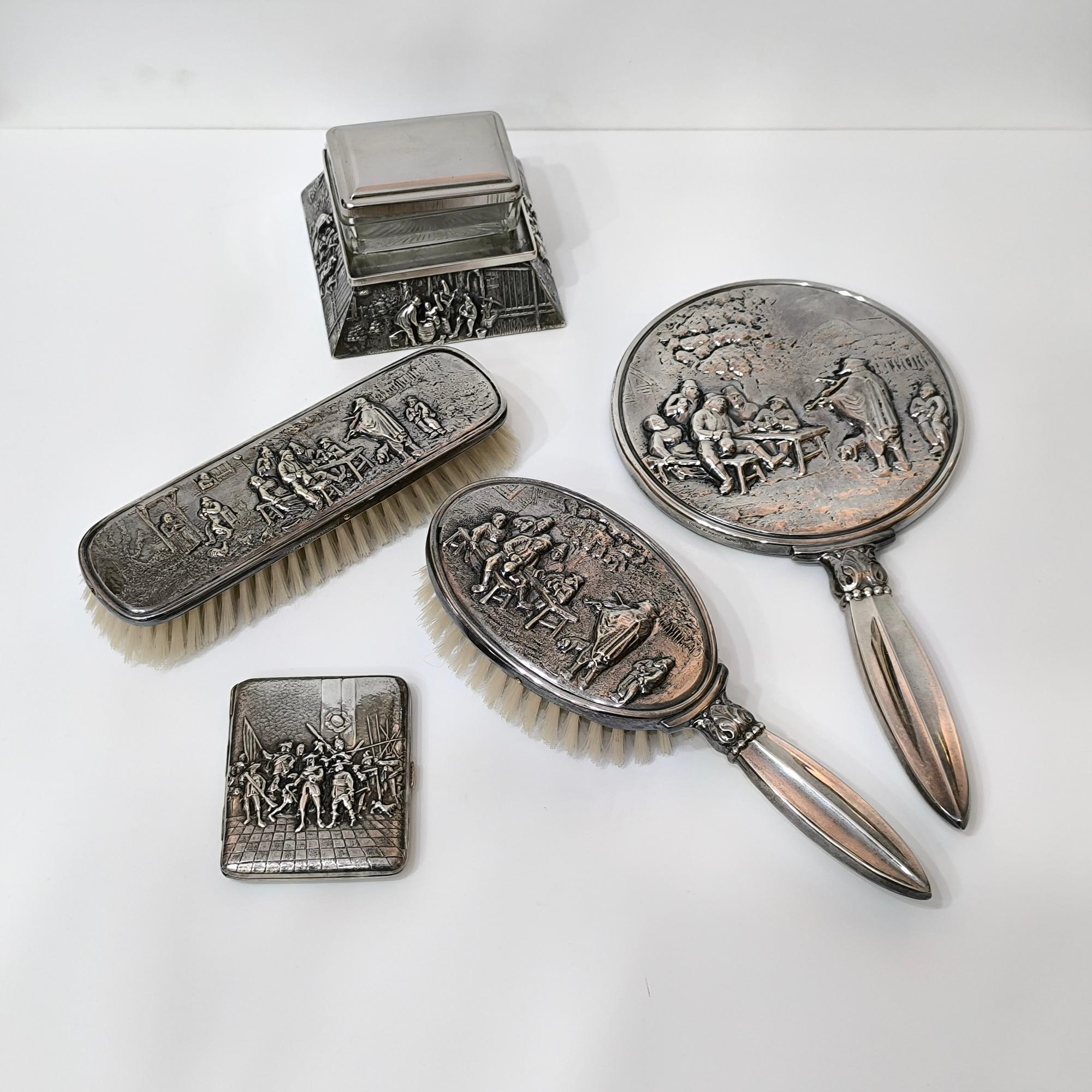 Hand-Crafted Hans Jensen 6-Piece Vanity Set – Embossed Silver-Plated Alpacca, Denmark For Sale