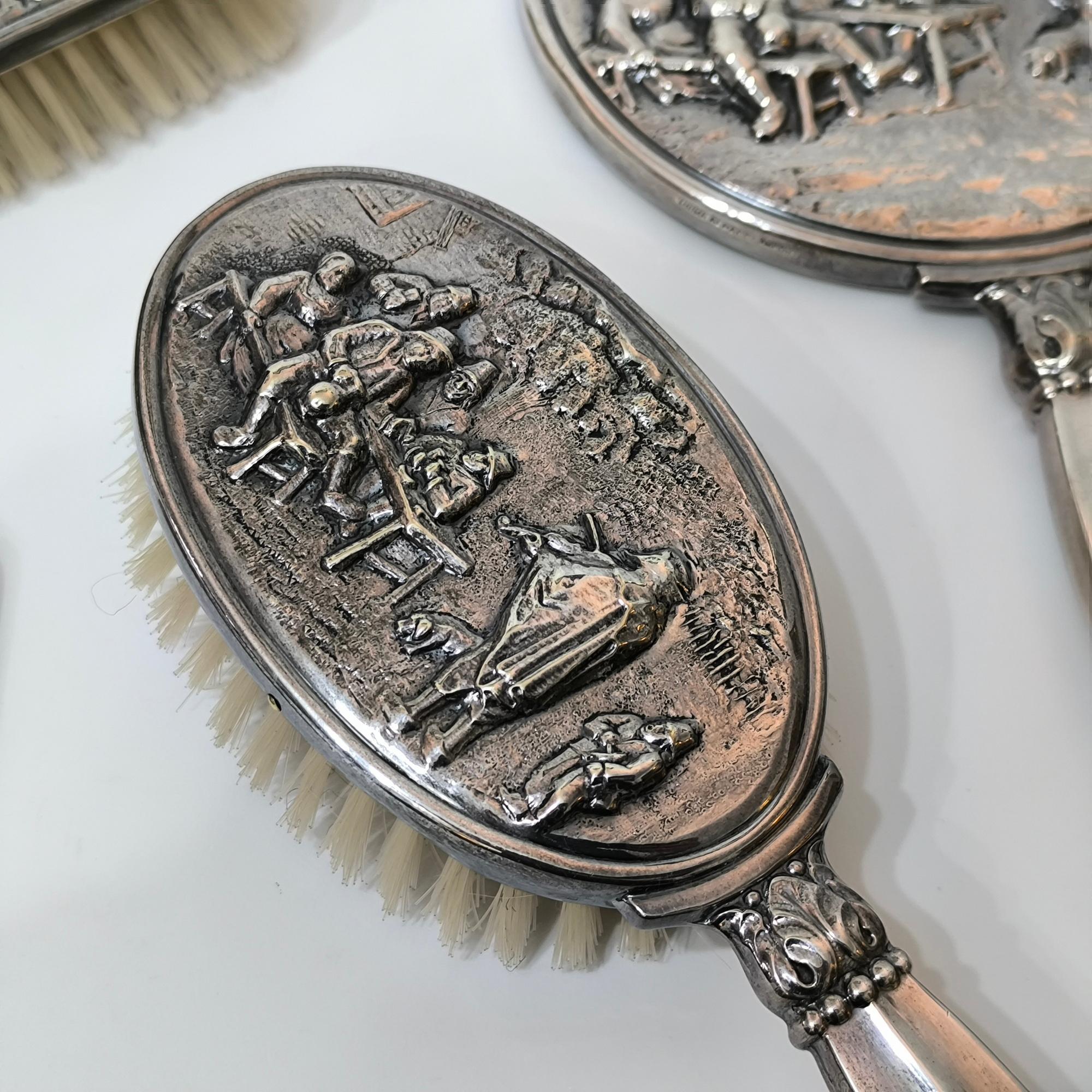 20th Century Hans Jensen 6-Piece Vanity Set – Embossed Silver-Plated Alpacca, Denmark For Sale