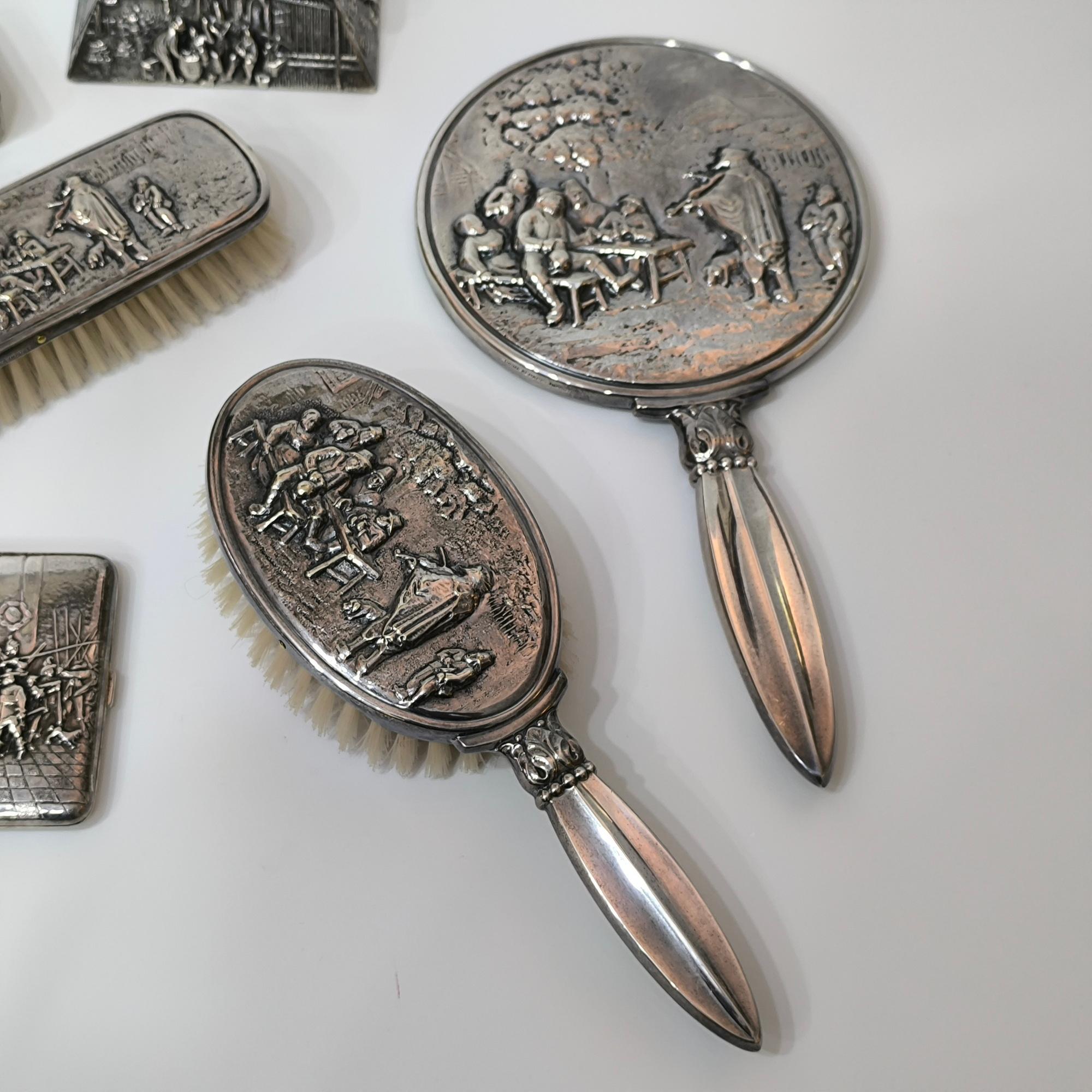 Silver Plate Hans Jensen 6-Piece Vanity Set – Embossed Silver-Plated Alpacca, Denmark For Sale