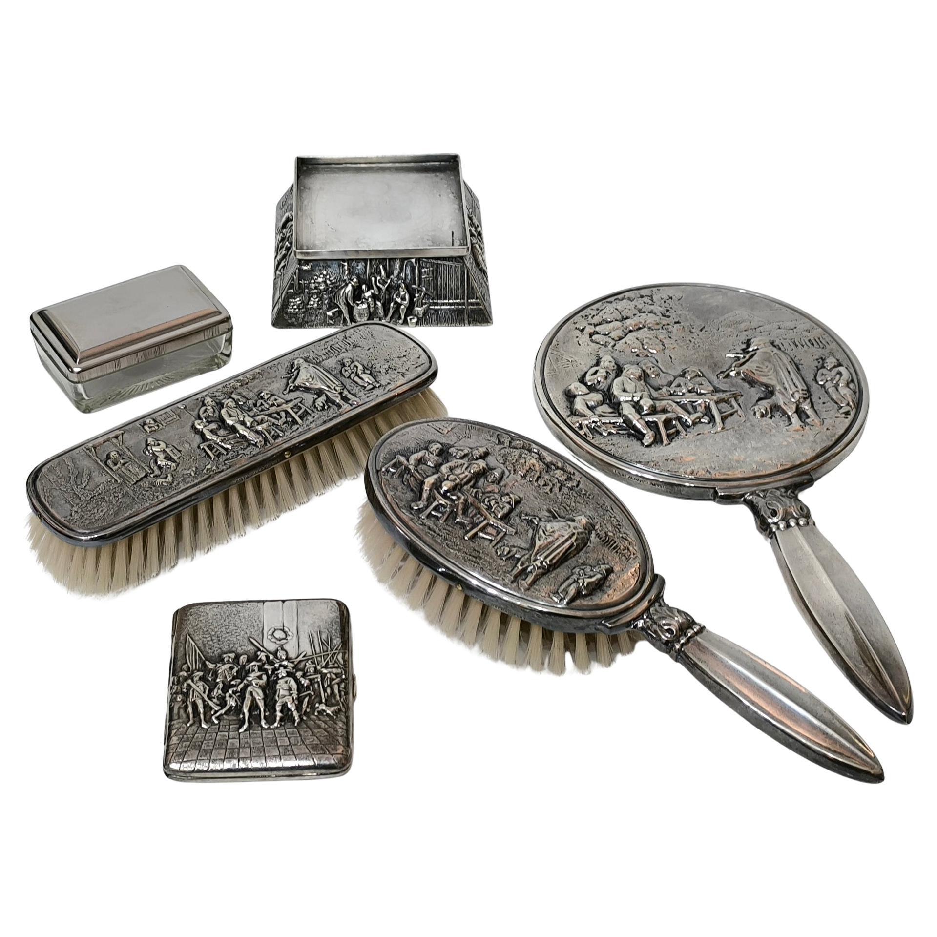 Hans Jensen 6-Piece Vanity Set – Embossed Silver-Plated Alpacca, Denmark For Sale