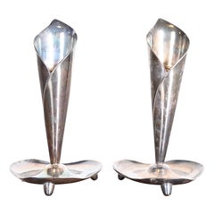 Hans Jensen Danish Modern Calla Lily Silverplate Candlesticks, Pair
