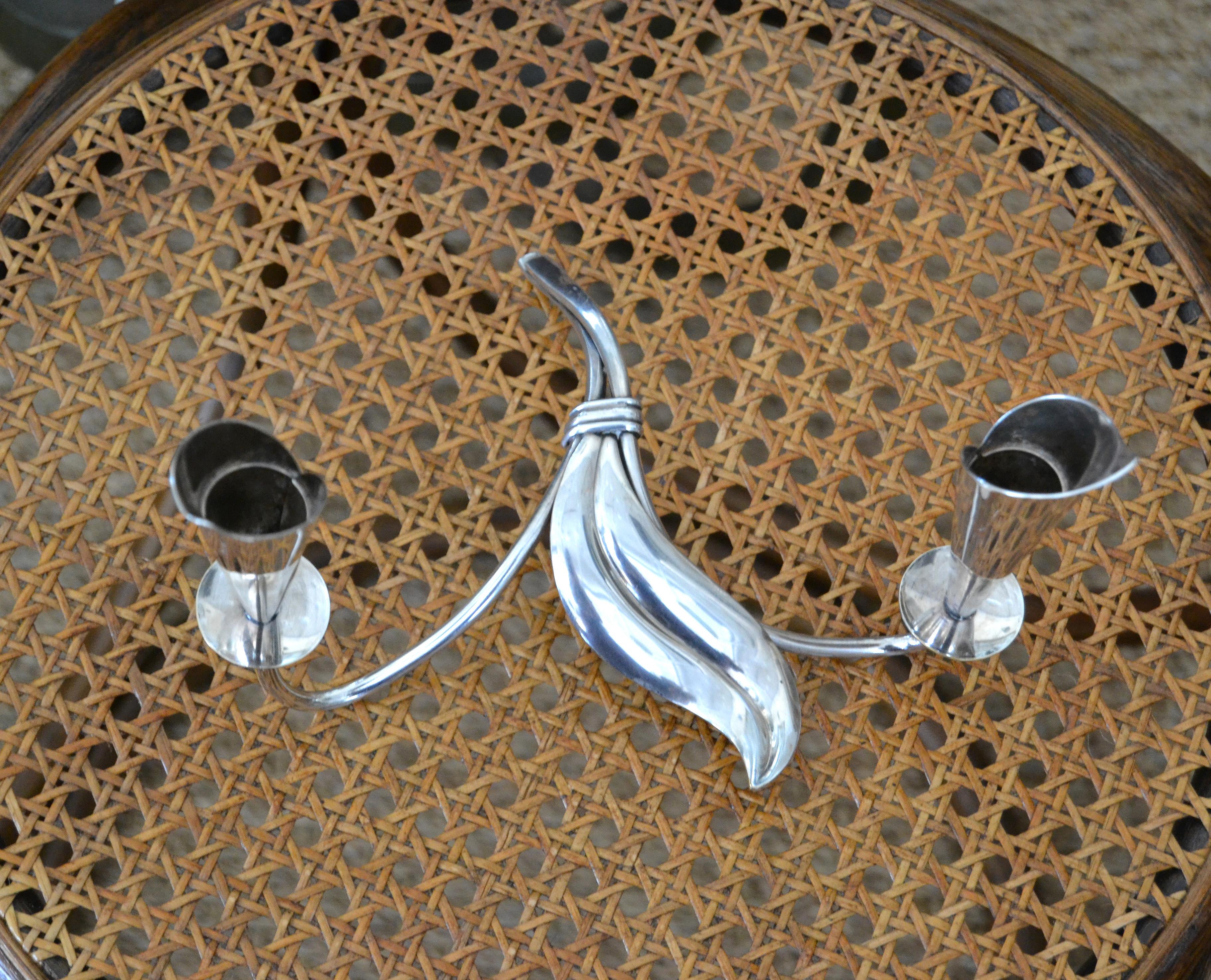 Scandinavian Modern Hans Jensen Danish Modern Silver Plate Calla Lily Double Candleholder, Denmark