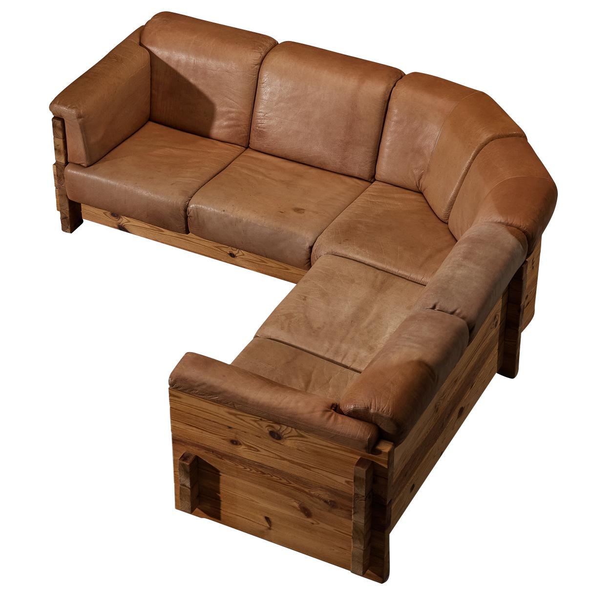 Hans Jørgen Frydendal for Modul Bygge System Corner Sofa in Solid Pine and Cognac Leather For Sale