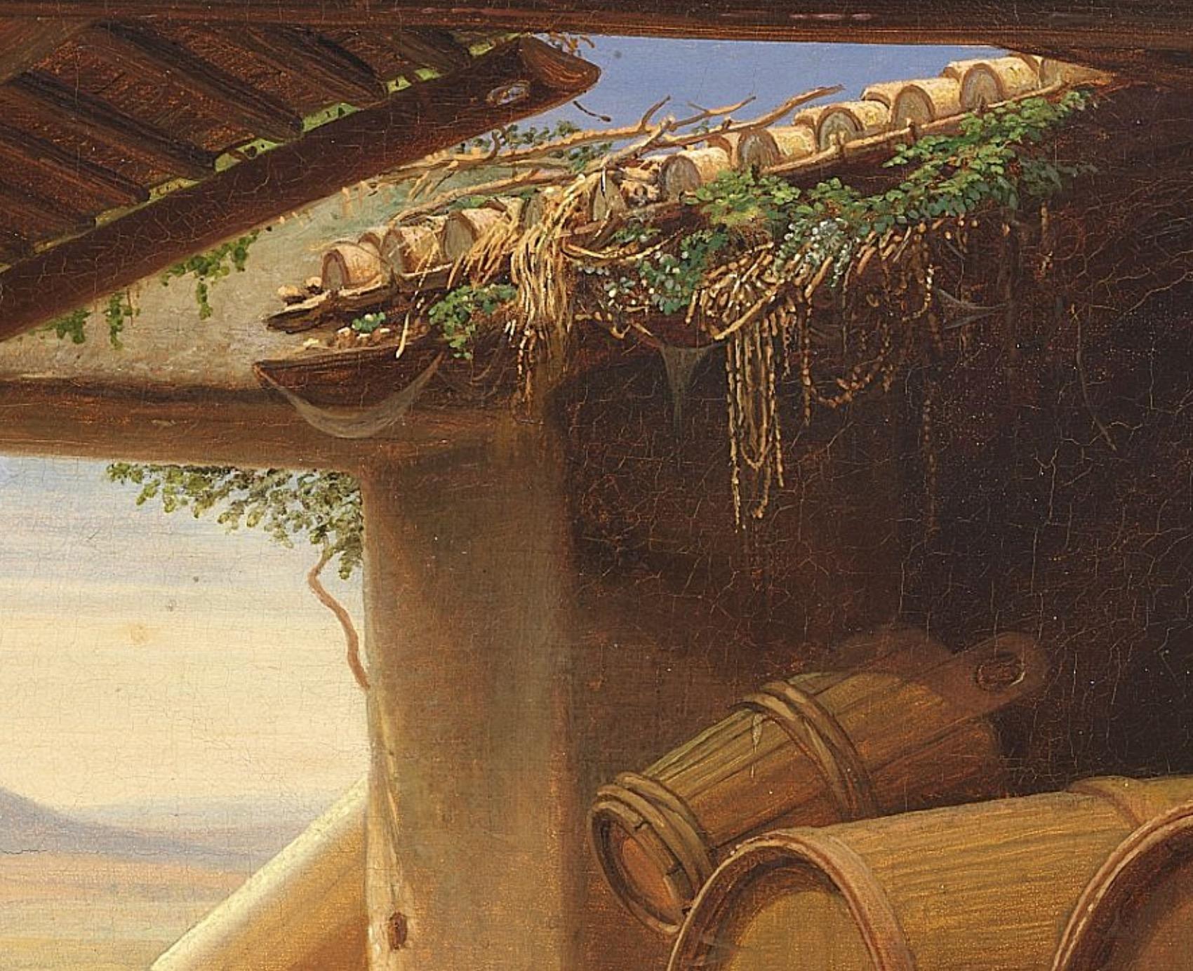 A highly decorative and refined painting from the Danish Golden Age by Hans Jørgen Hammer, depicting a young woman in a wine cellar pouring red wine from a barrel into a large bottle. To the right, a cat sits on one of the barrels, curiously gazing