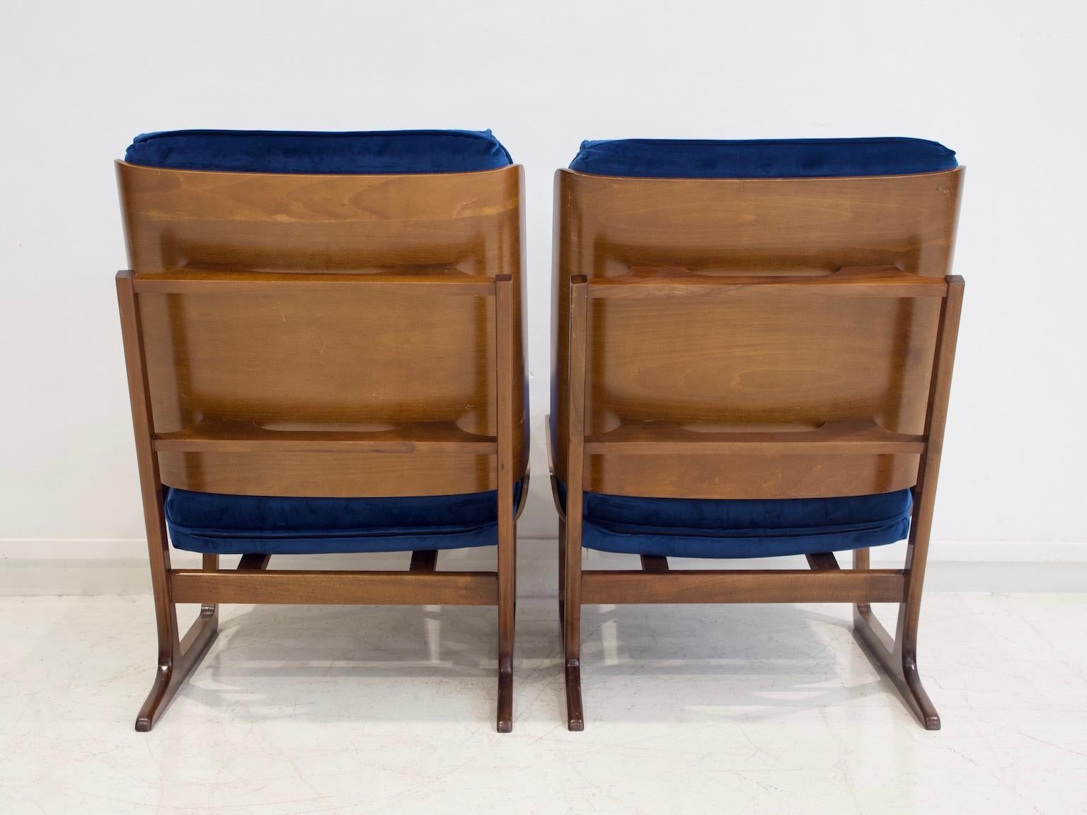 20th Century Hans Juergens for Deco House Walnut Lounge Chairs with Blue Velvet Covers