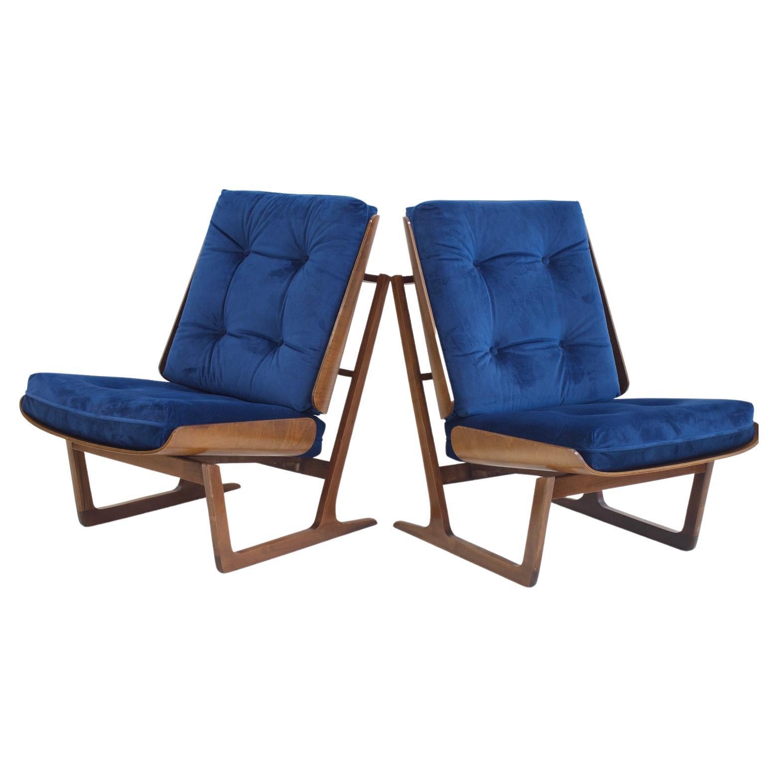 Hans Juergens for Deco House Walnut Lounge Chairs with Blue Velvet Covers
