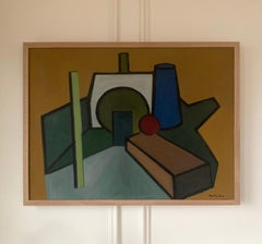 Modern Geometric Still Life, Signed Original Oil Painting, Framed, 1960s
