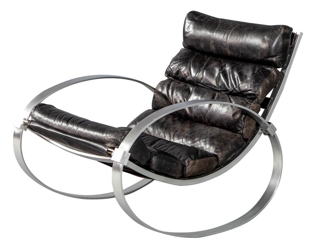 German Hans Kaufeld Leather and Brushed Aluminium Mid-Century Modern Rocking Chair For Sale