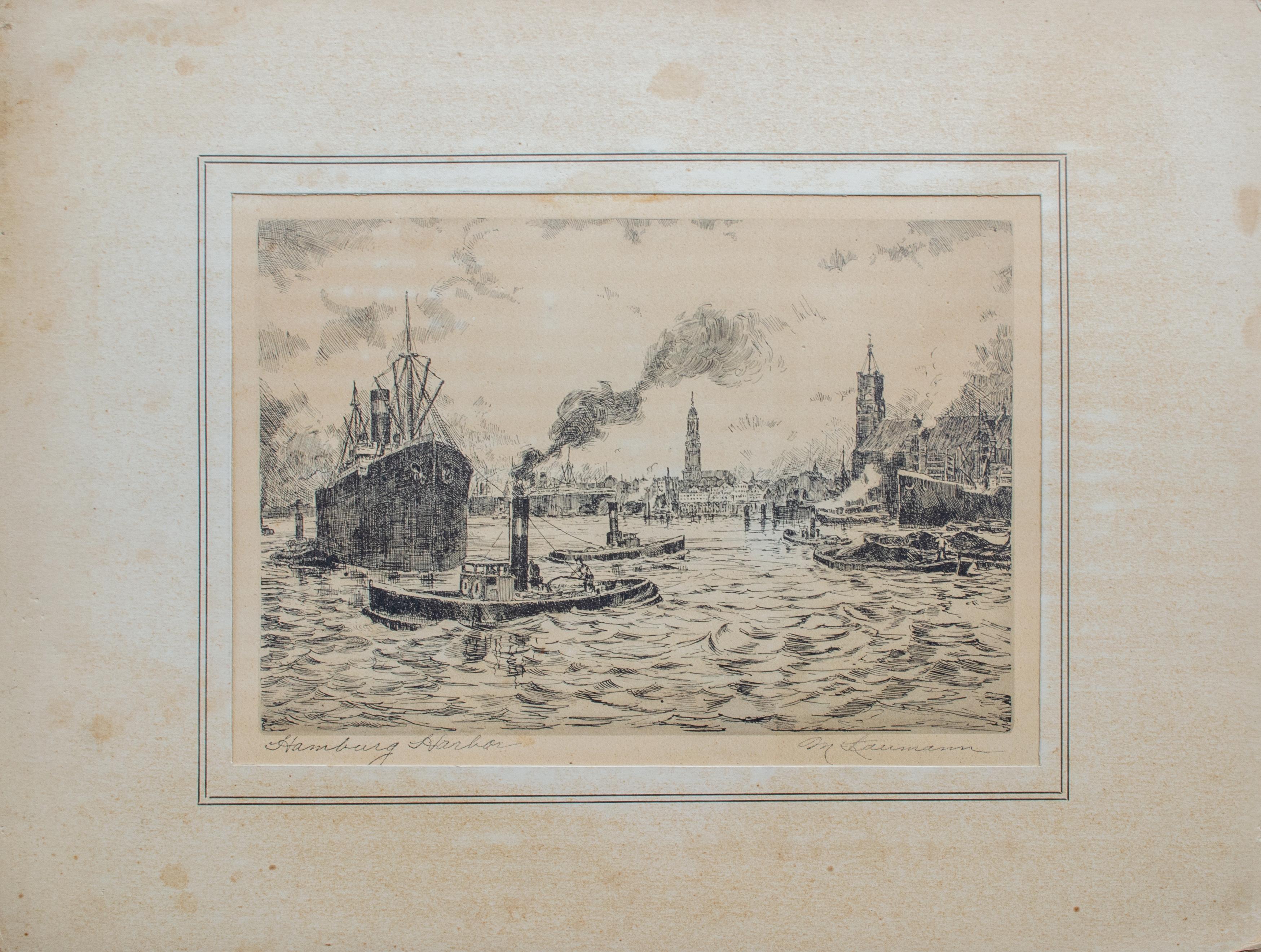 Hans Kaumann (German, 20th Century)
Hamburg Harbor, c. 1920
Etching
12 x 16 in.

This historic print depicting Hamburg Harbor offers a look into the past, presenting a c. 1920s view of the iconic shipping center.