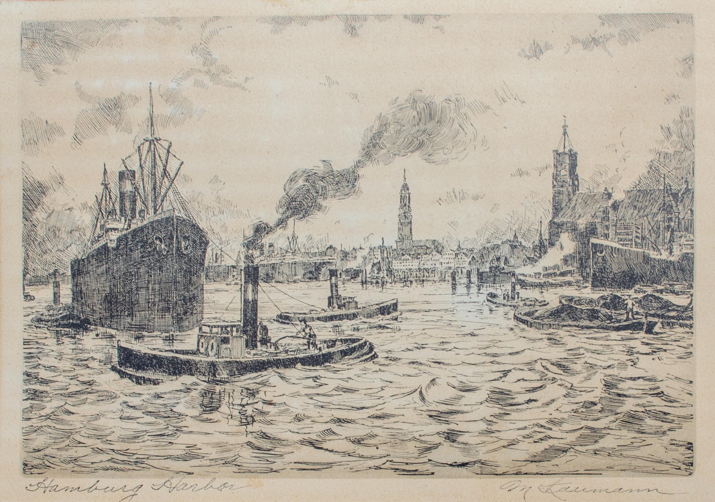 Hans Kaumann (Allemand, 20e siècle)
Port de Hambourg, C.I.C., 1920
Gravure à l'eau-forte
12 x 16 in.

Cette estampe historique représentant le port de Hambourg offre un regard sur le passé, présentant une vue de ce centre maritime emblématique