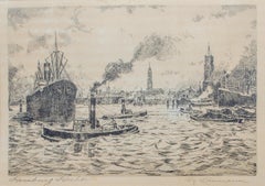 Hamburg Harbor Etching by Hans Kaumann, c. 1920
