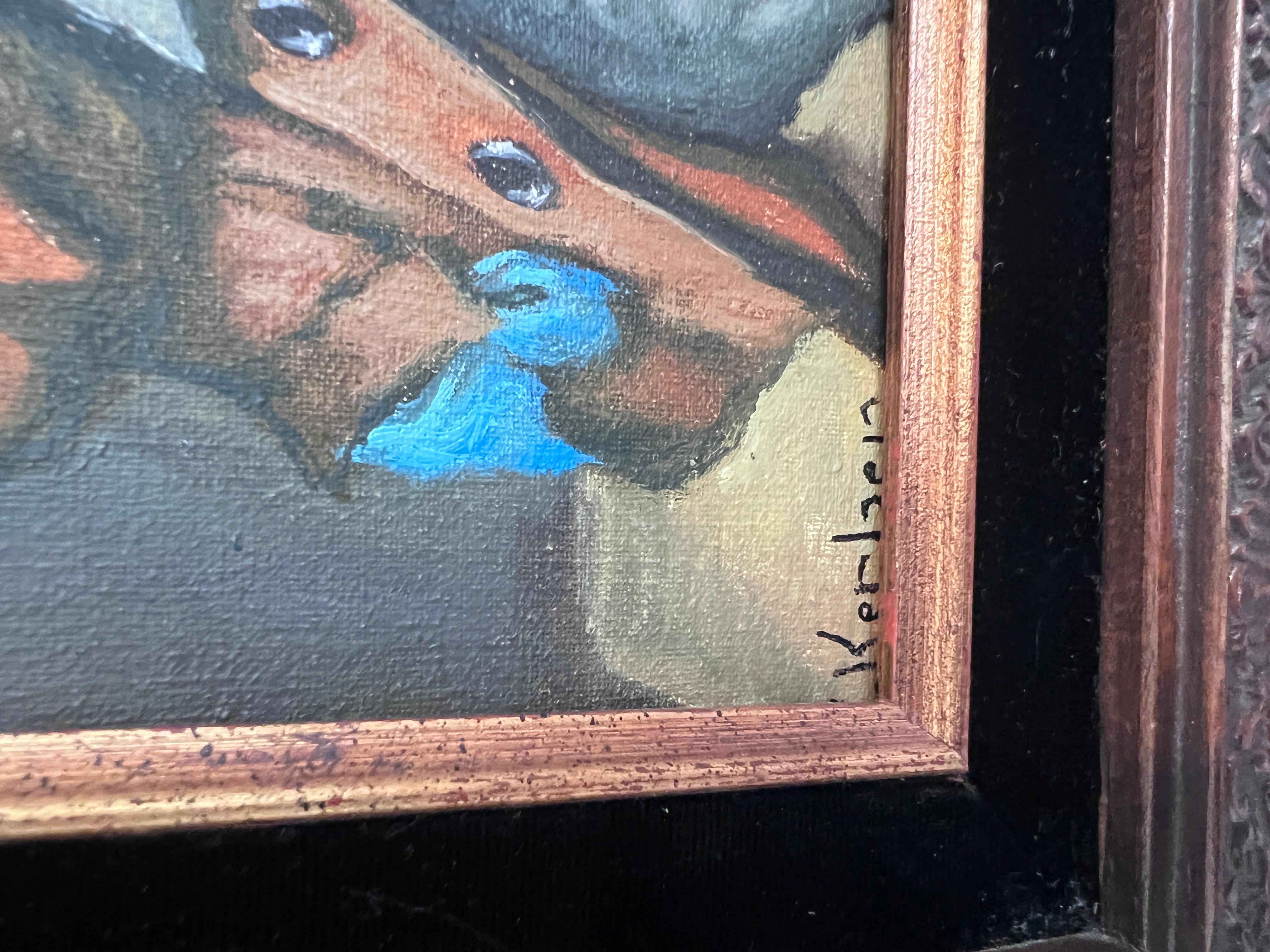 Hans Kerber (Austria b. 1920) Original Oil Painting, Man with Guitar, Framed For Sale 9