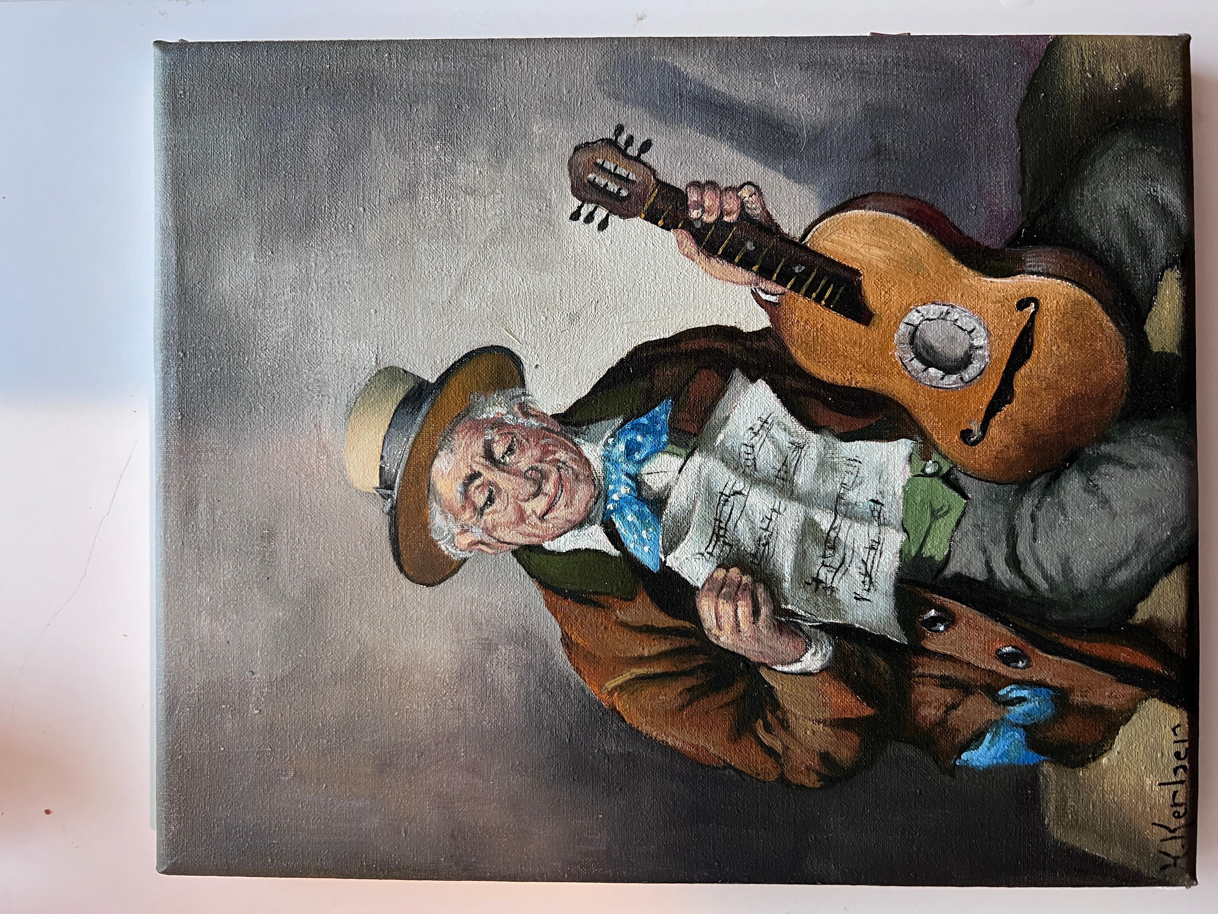 Hans Kerber (Austria b. 1920) Original Oil Painting, Man with Guitar, Framed For Sale 2