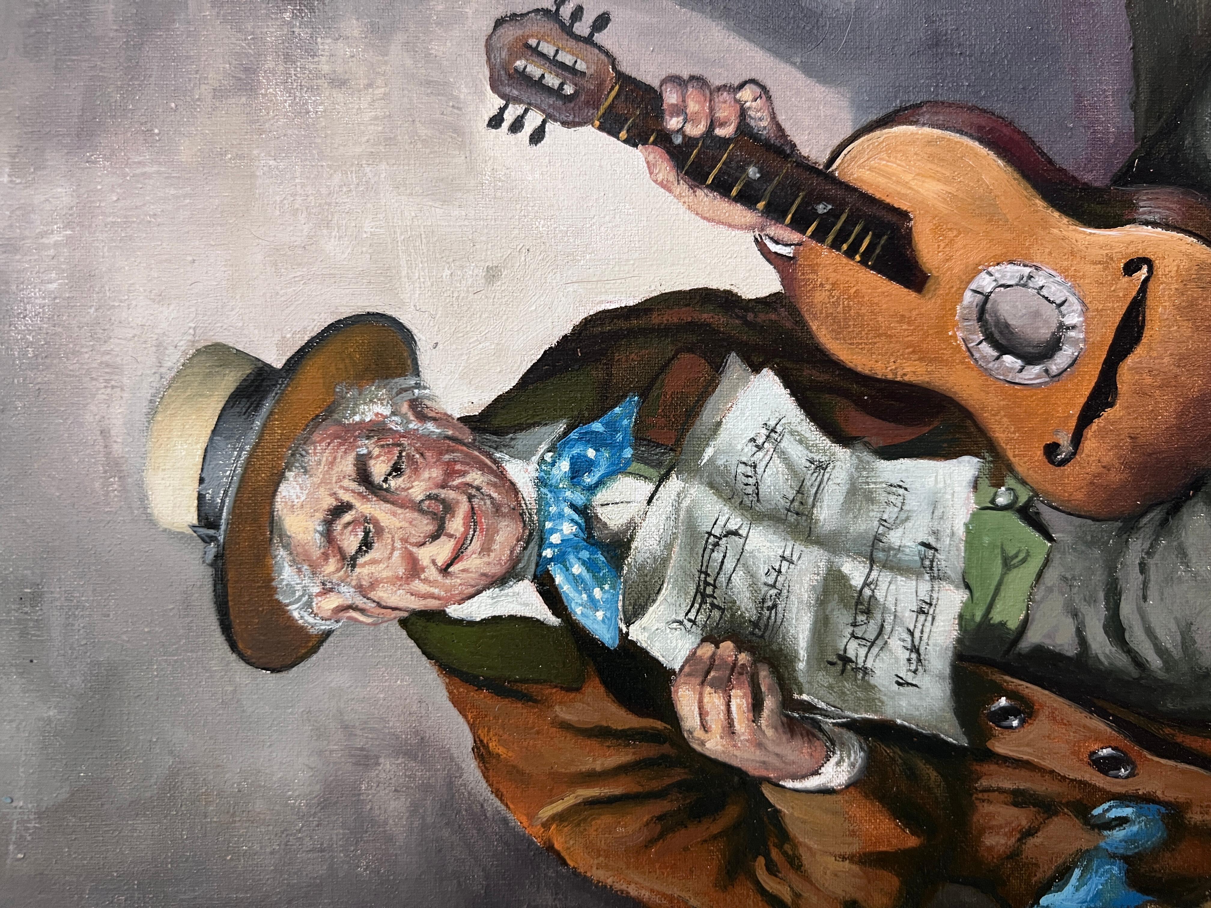 Hans Kerber (Austria b. 1920) Original Oil Painting, Man with Guitar, Framed For Sale 4