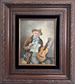 Hans Kerber (Austria b. 1920) Original Oil Painting, Man with Guitar, Framed