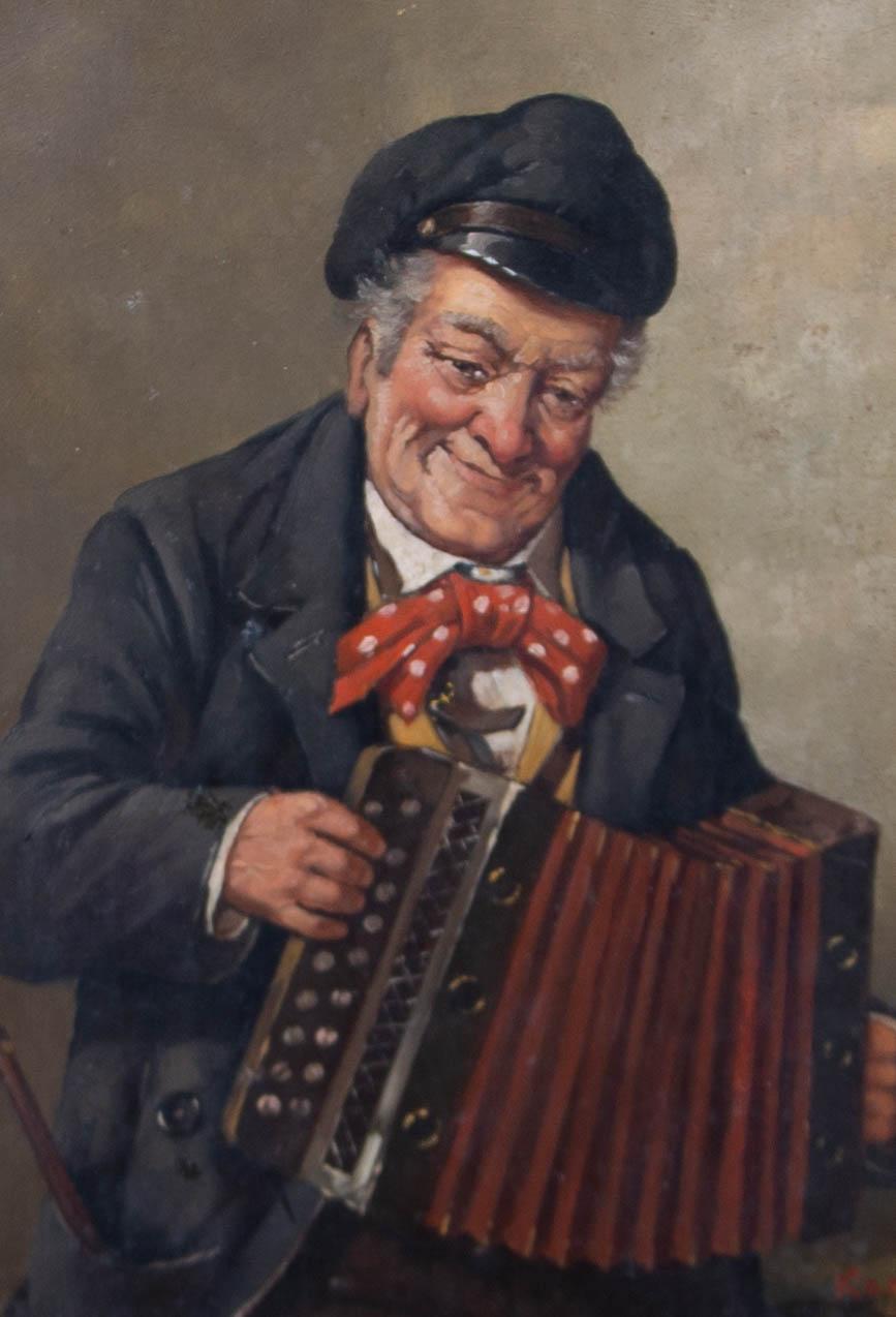 A portrait of a cheerful accordion player. Presented in a distressed gilt wooden frame. Signed to the lower-right corner. Label to the verso which includes the title. On panel.
