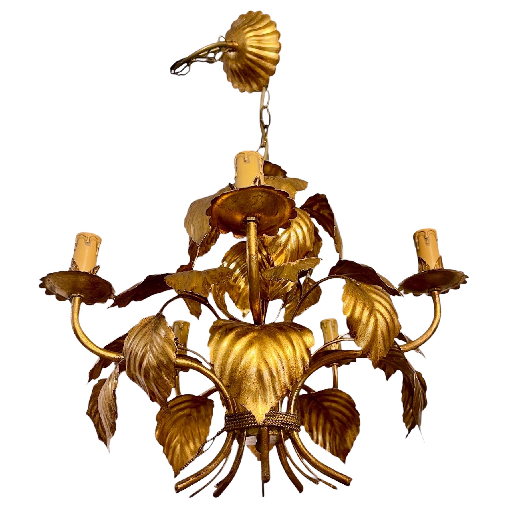 Lampadario Hans Kögl floreale dorato a 5 luci , anni
70