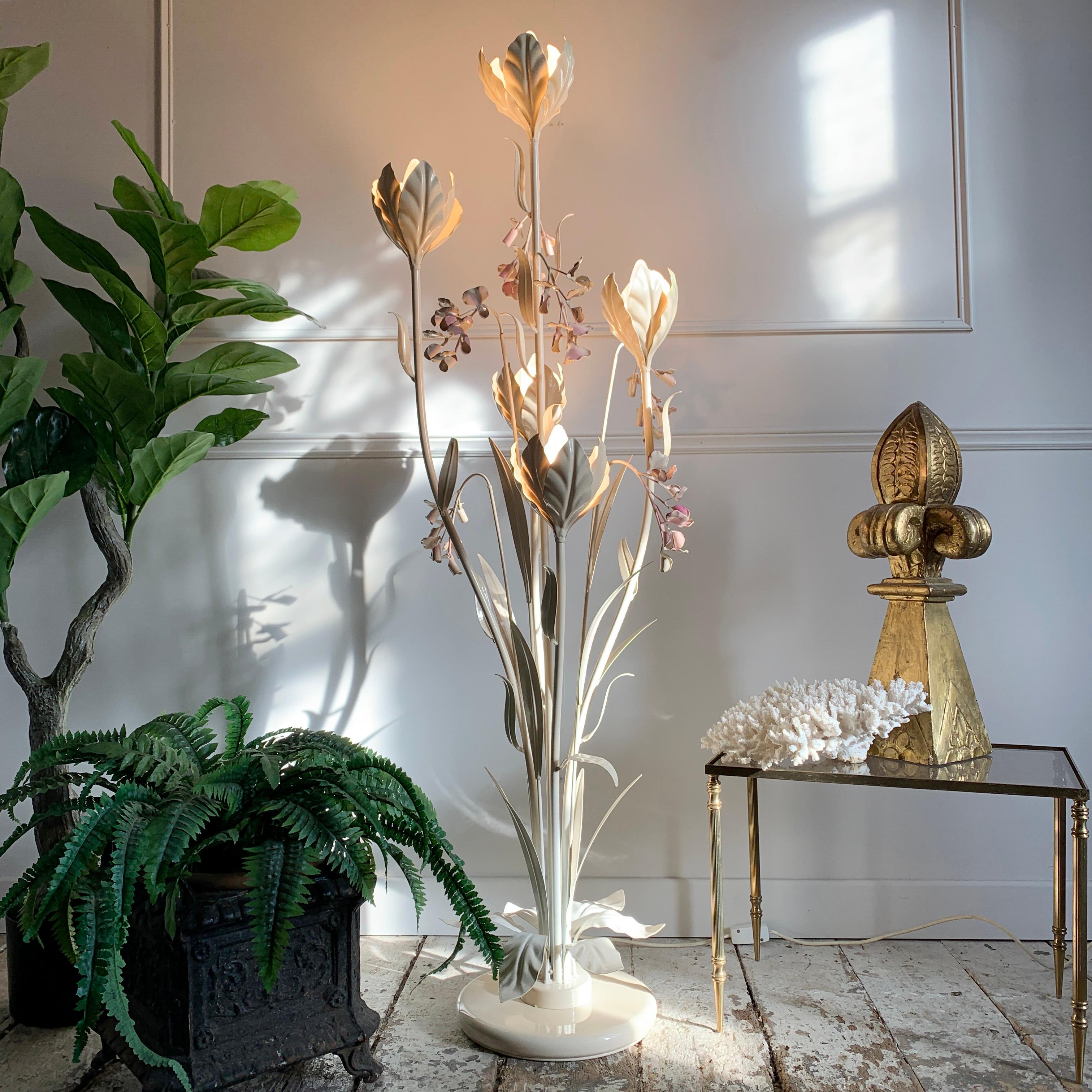 Soft cream toleware floor lamp with pale pink flower heads 

Hans Kögl, 1970's 

Stunning large statement floor lamp the light has five tall stems each with a large bud and bulb holder inside, the stems are flanked with decorative leaves and