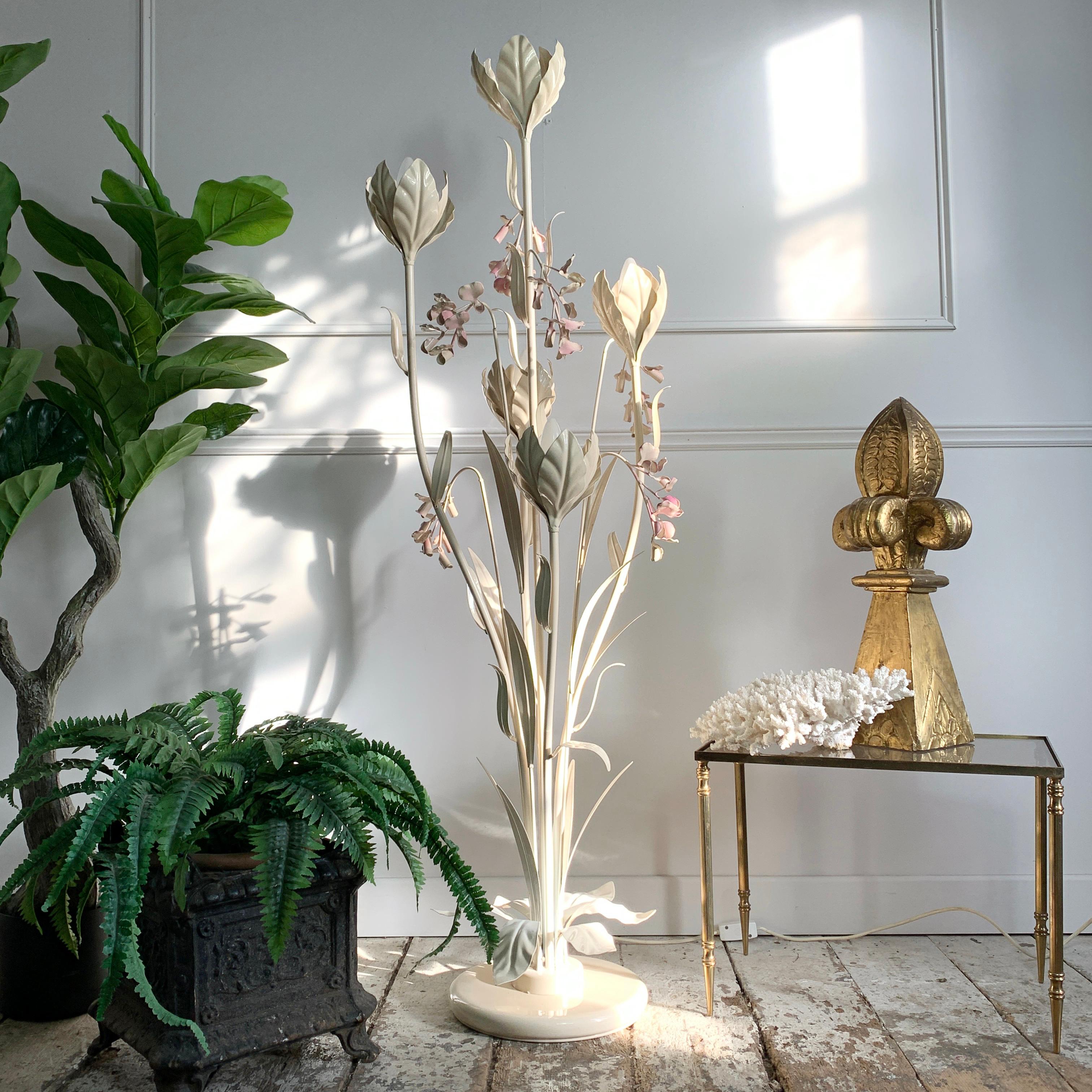 Hans Kogl Cream & Pink Flower Toleware Floor Lamp In Good Condition For Sale In Hastings, GB