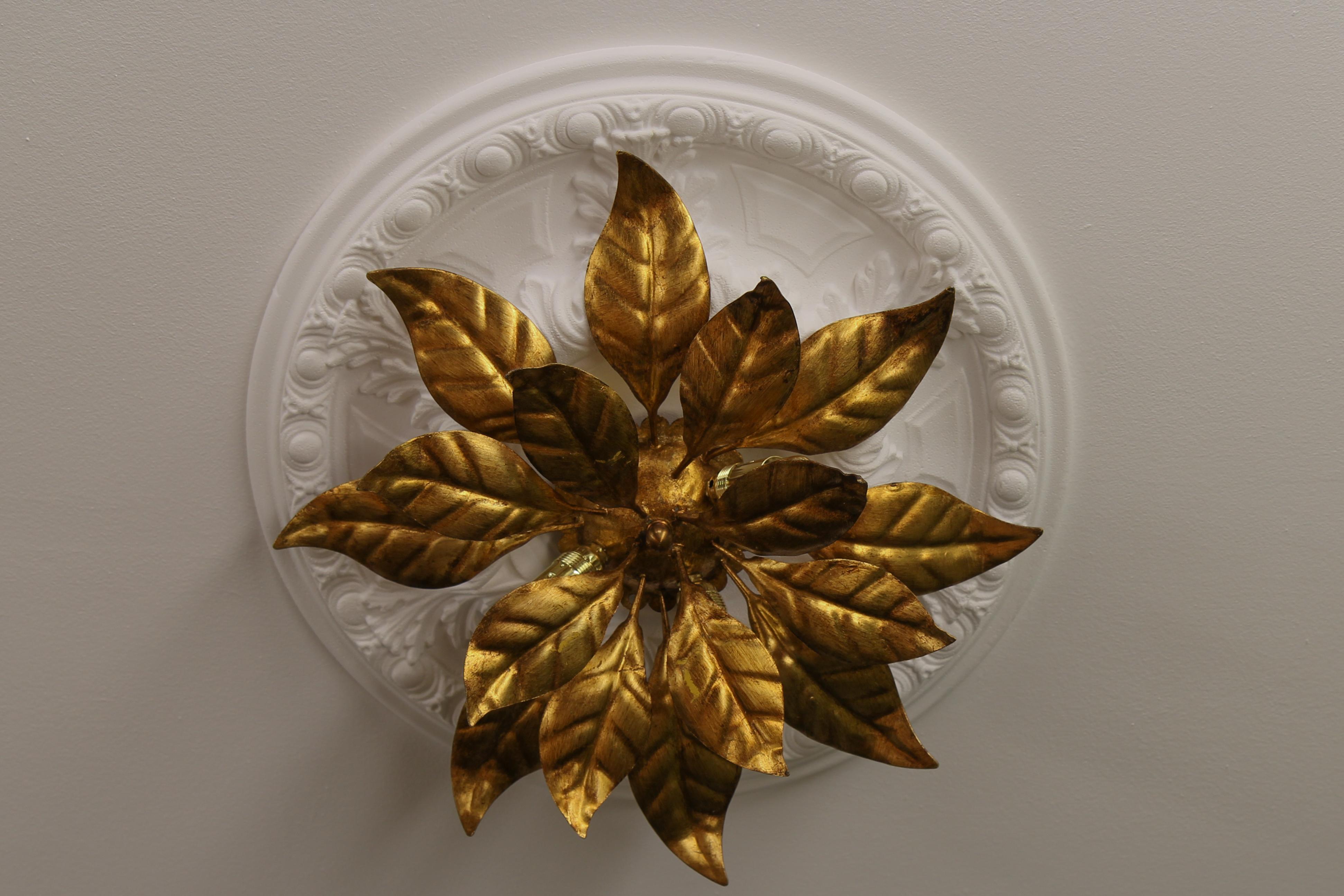 Hans Kögl Design Flower-Shaped Gilt Metal Four-Light Wall or Ceiling Lamp, 1970s For Sale 4