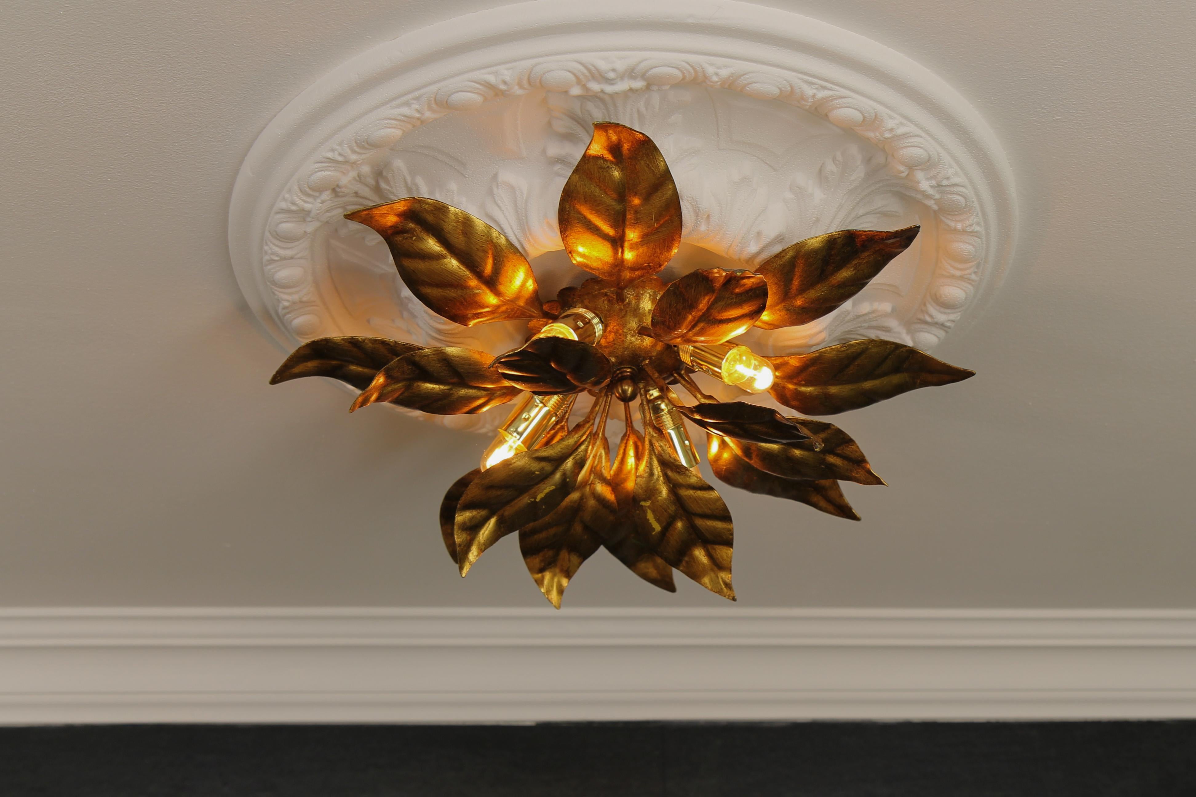 German Hans Kögl Design Flower-Shaped Gilt Metal Four-Light Wall or Ceiling Lamp, 1970s For Sale