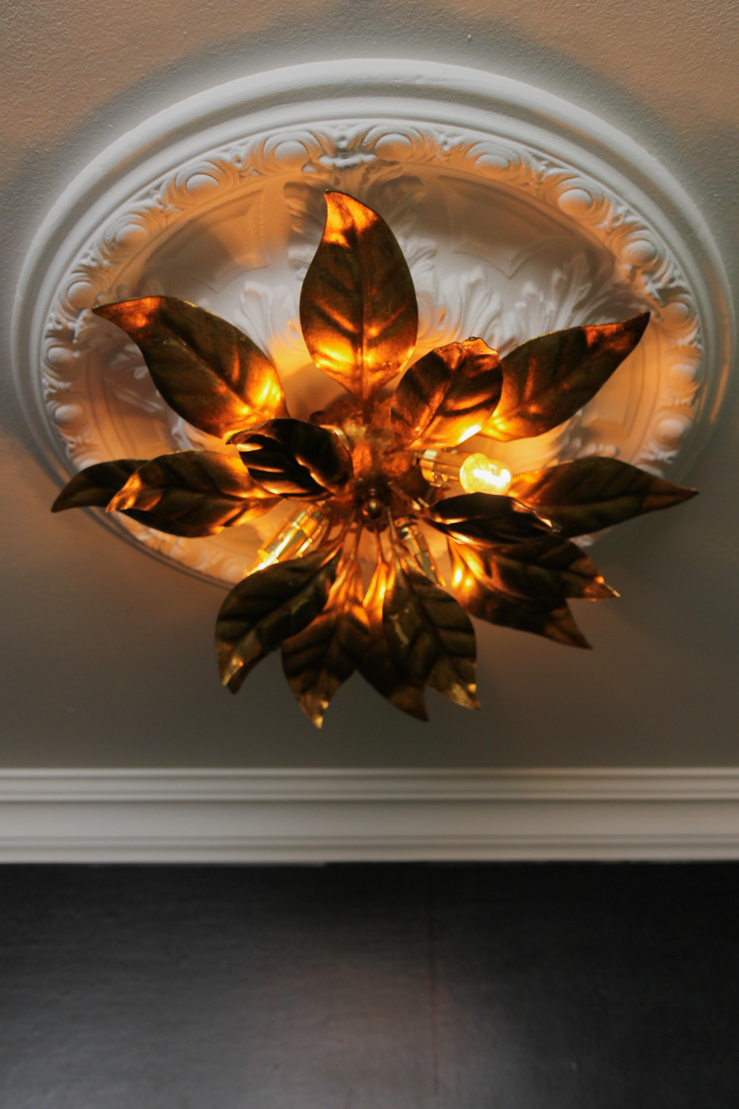 Late 20th Century Hans Kögl Design Flower-Shaped Gilt Metal Four-Light Wall or Ceiling Lamp, 1970s For Sale