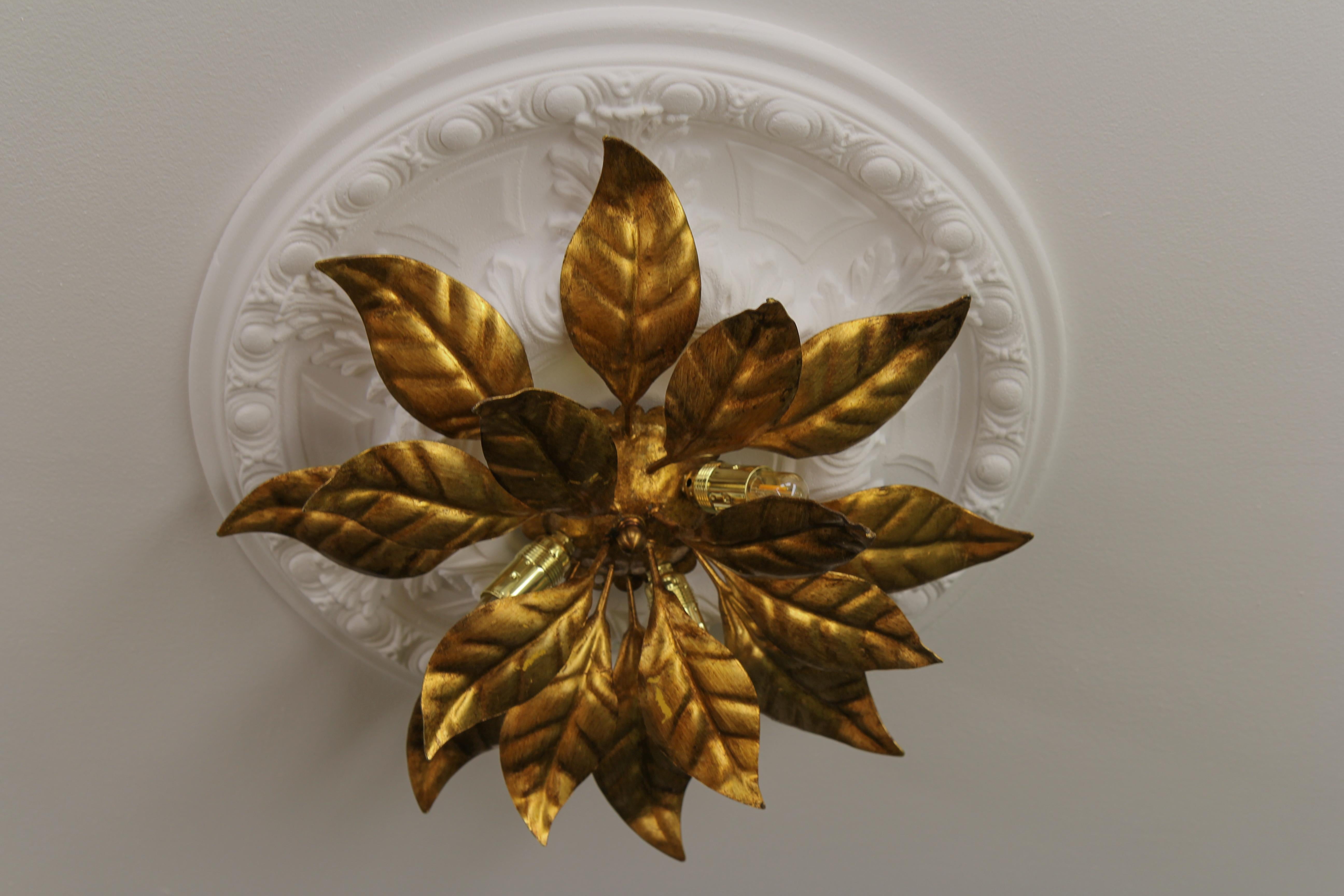 Hans Kögl Design Flower-Shaped Gilt Metal Four-Light Wall or Ceiling Lamp, 1970s For Sale 3