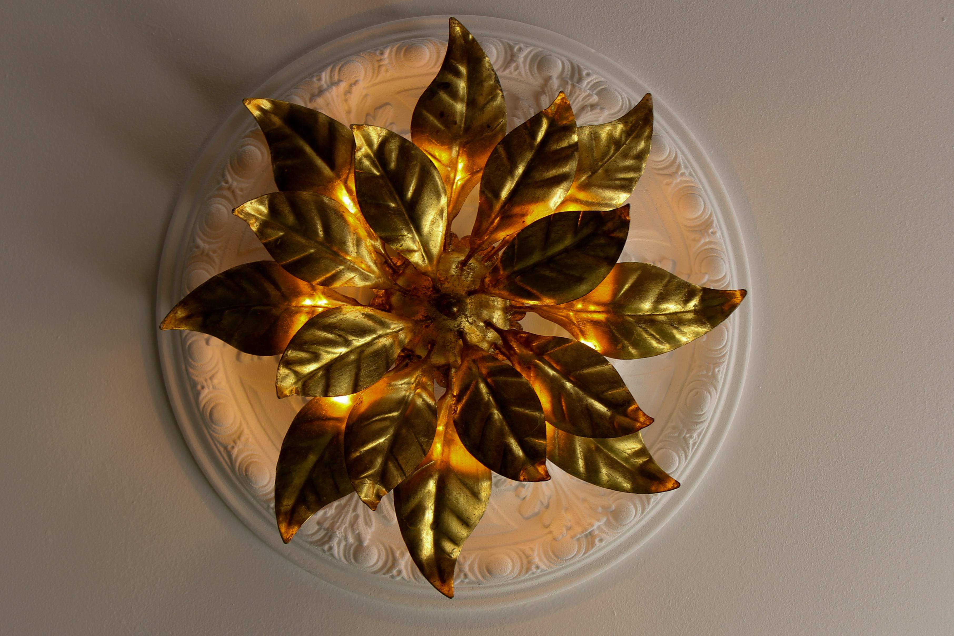 Hollywood Regency Hans Kögl Design Gilt Metal Flower Shaped Four-Light Wall or Ceiling Lamp, 1970s For Sale