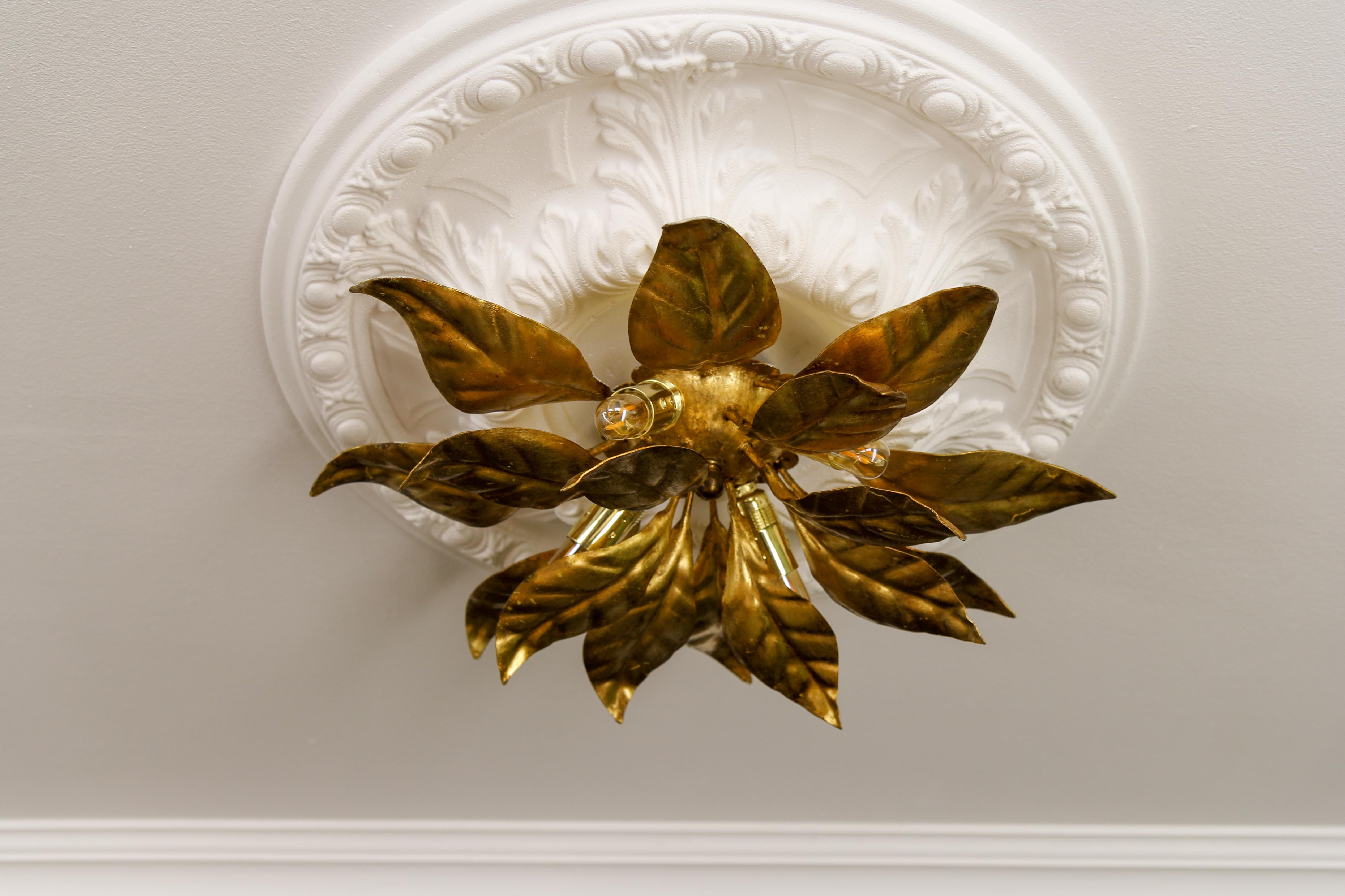 German Hans Kögl Design Gilt Metal Flower Shaped Four-Light Wall or Ceiling Lamp, 1970s For Sale