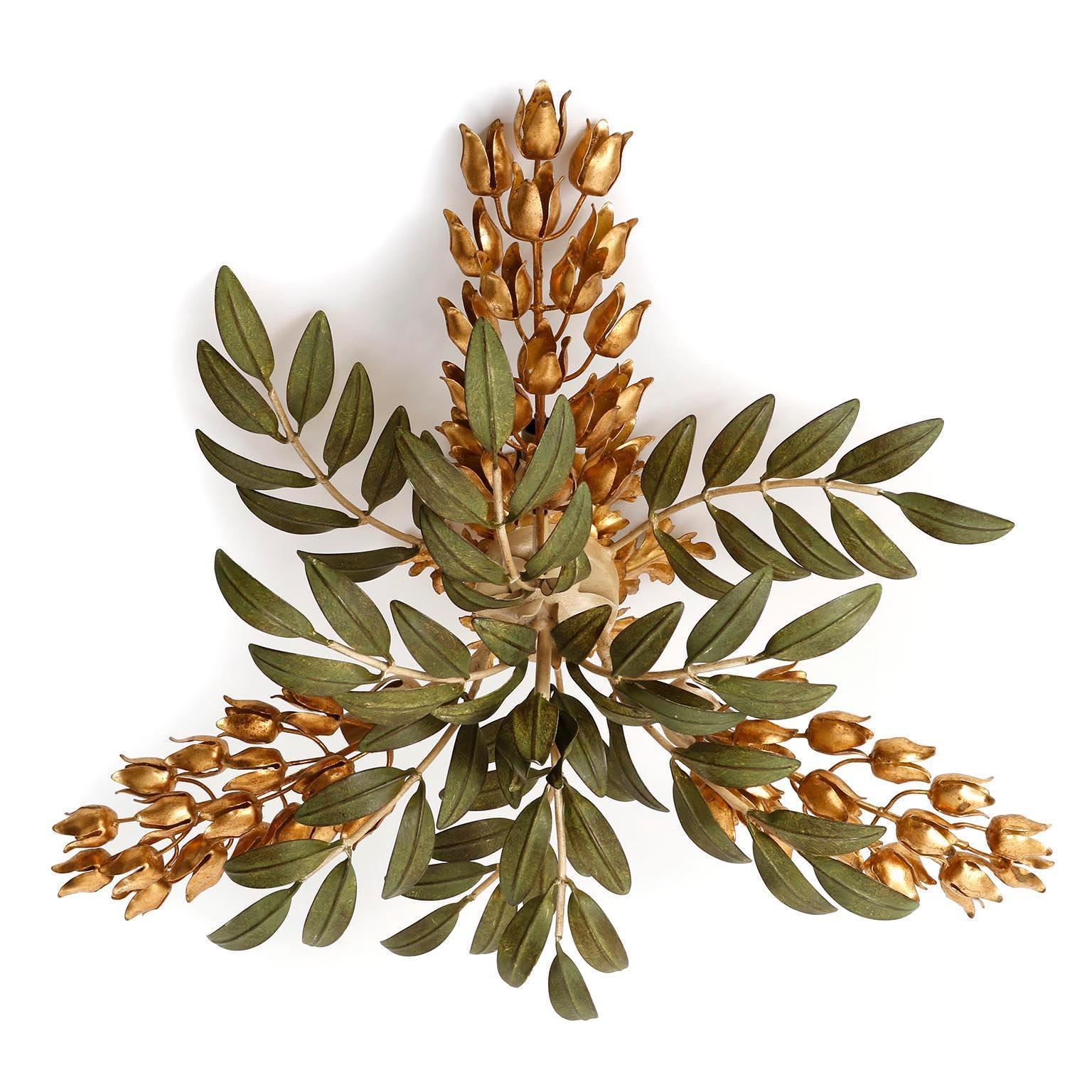 Mid-Century Modern Hans Kögl Flush Mount Light, Gold and Green Palm Tree, 1970s