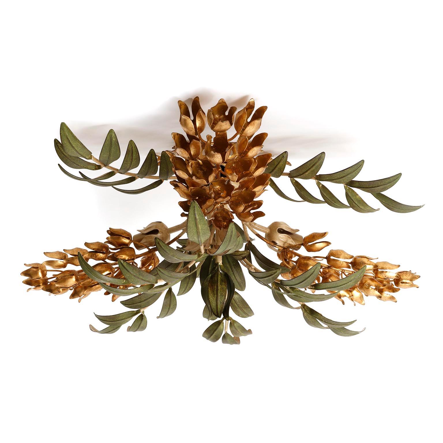 German Hans Kögl Flush Mount Light, Gold and Green Palm Tree, 1970s