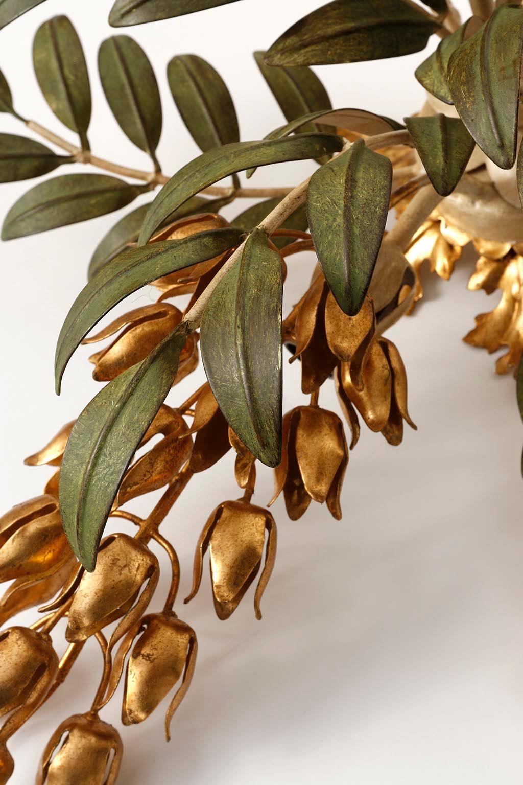 Gilt Hans Kögl Flush Mount Light, Gold and Green Palm Tree, 1970s
