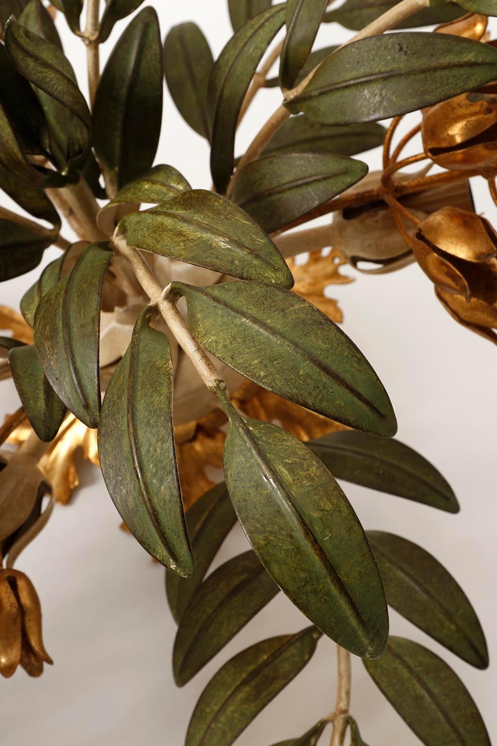 Gold Leaf Hans Kögl Flush Mount Light, Gold and Green Palm Tree, 1970s