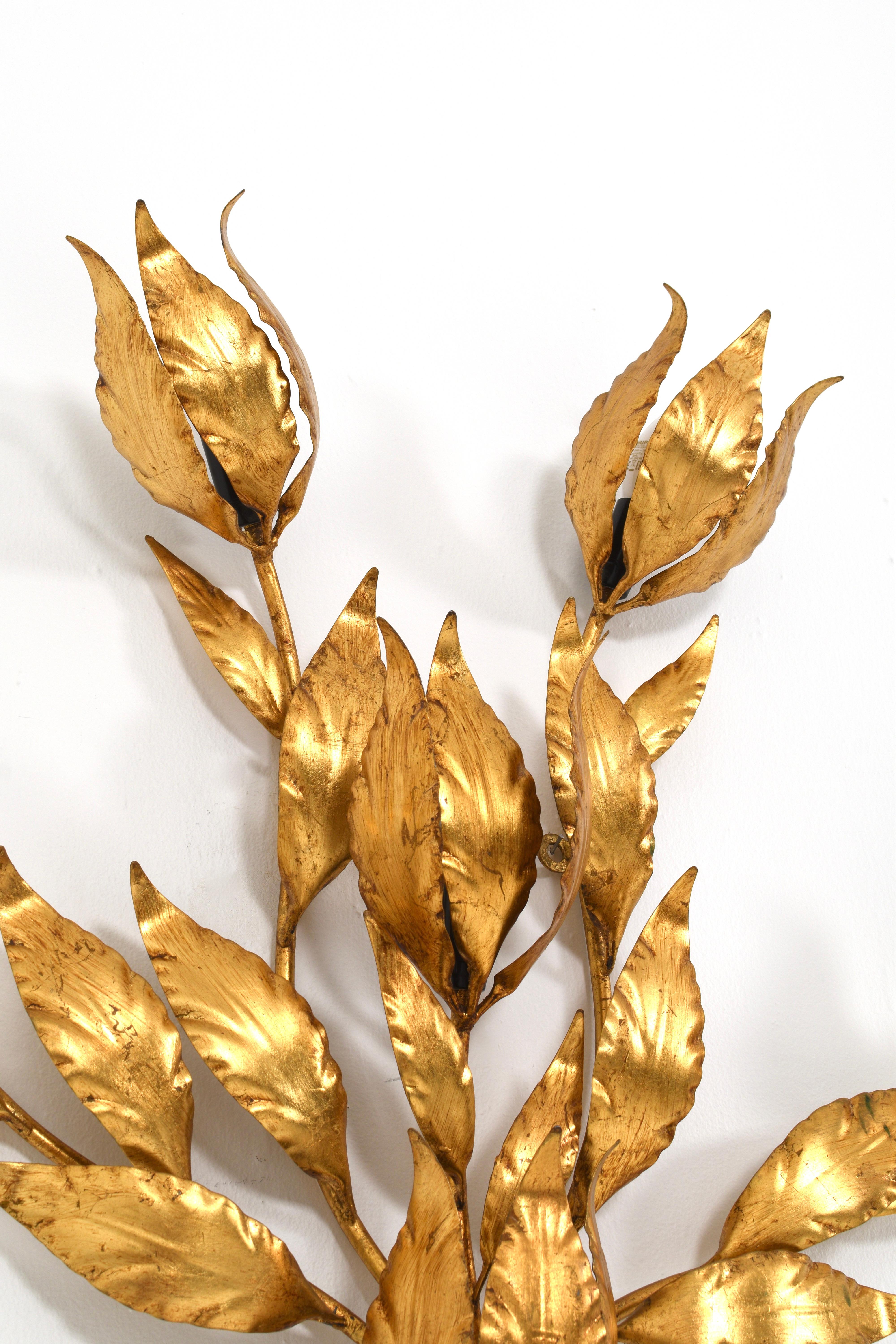 German Hans Kögl Gilded Metal Floral Leaf Monumental Wall Sconce For Sale