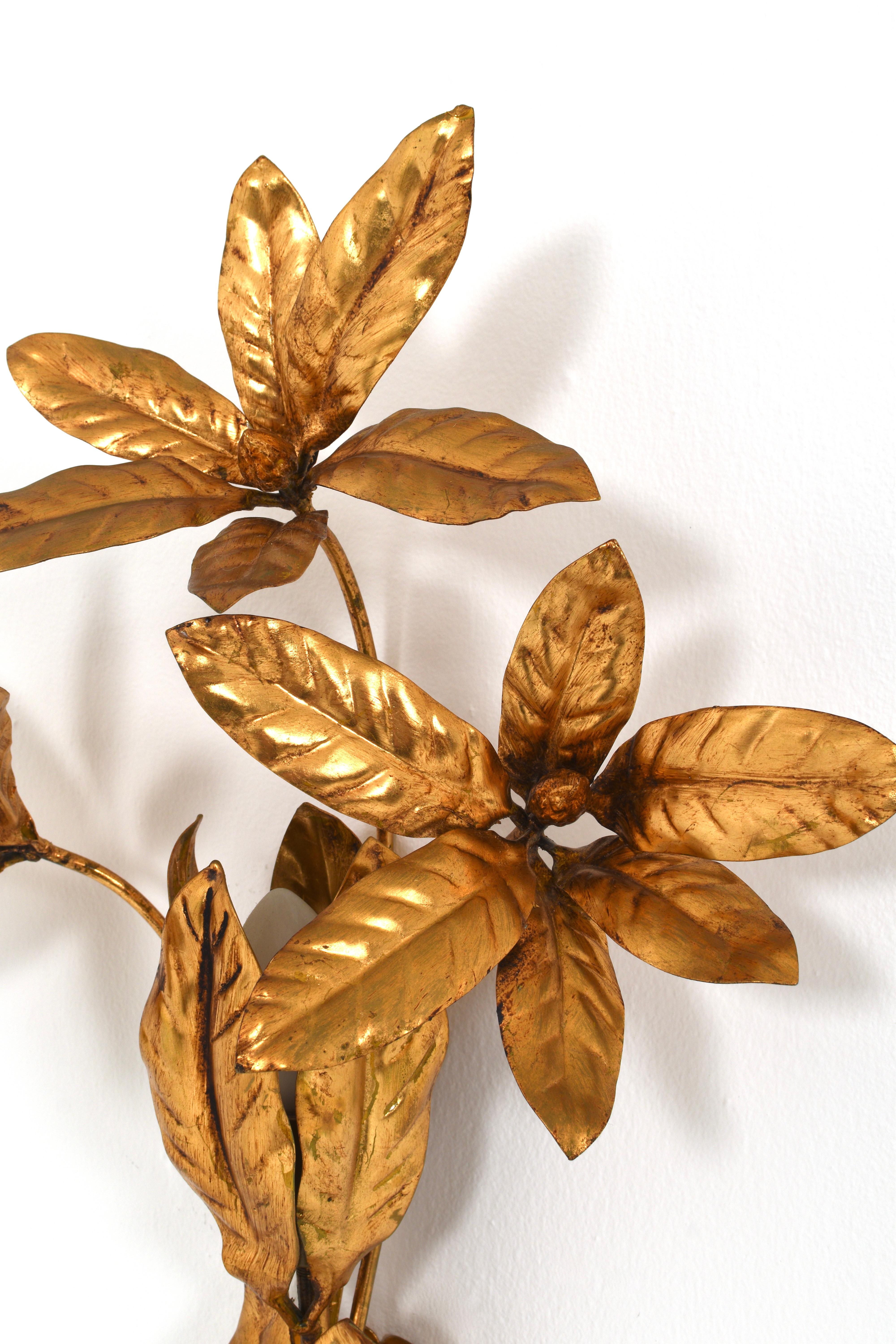 Late 20th Century Hans Kögl Gilded Metal Floral Leaf Monumental Wall Sconce For Sale