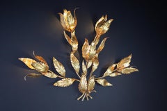 Hans Kögl Gilded Metal Floral Leaf Monumental Wall Sconce, Germany 1970s