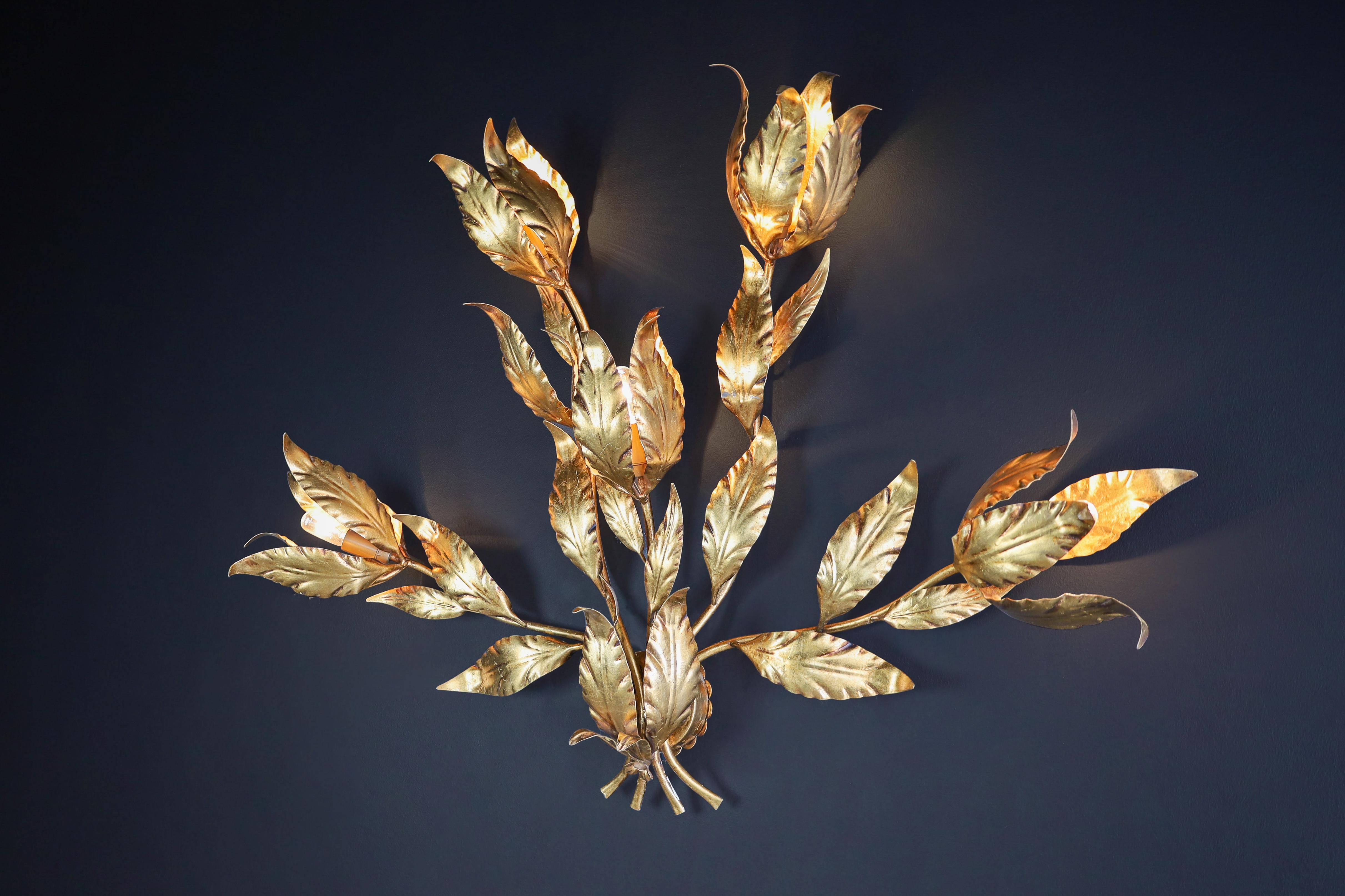 Late 20th Century Hans Kögl Gilded Metal Floral Leaf Monumental Wall Sconce, Germany 1970s   For Sale