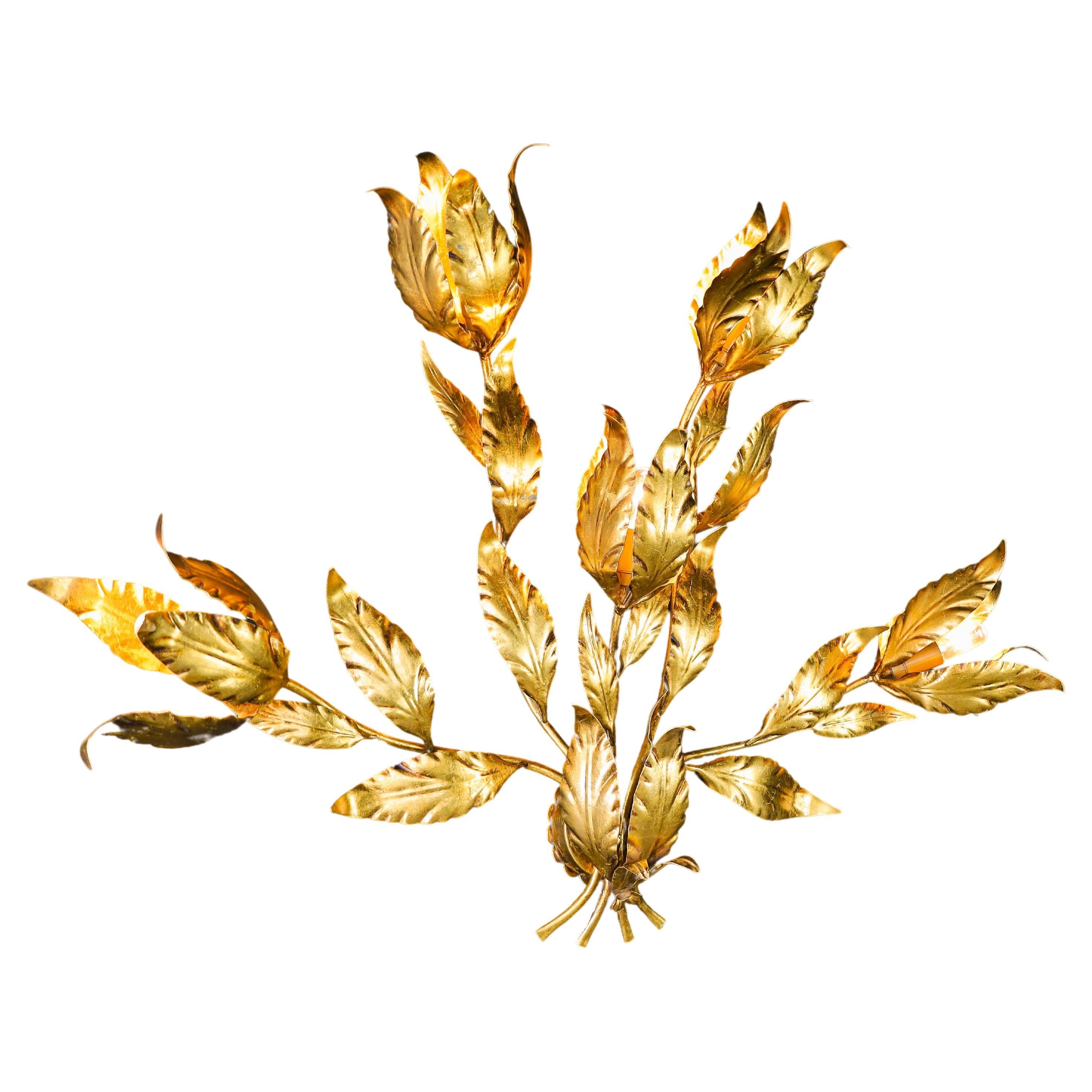 Hans Kögl Gilded Metal Floral Leaf Monumental Wall Sconce, Germany 1970s  