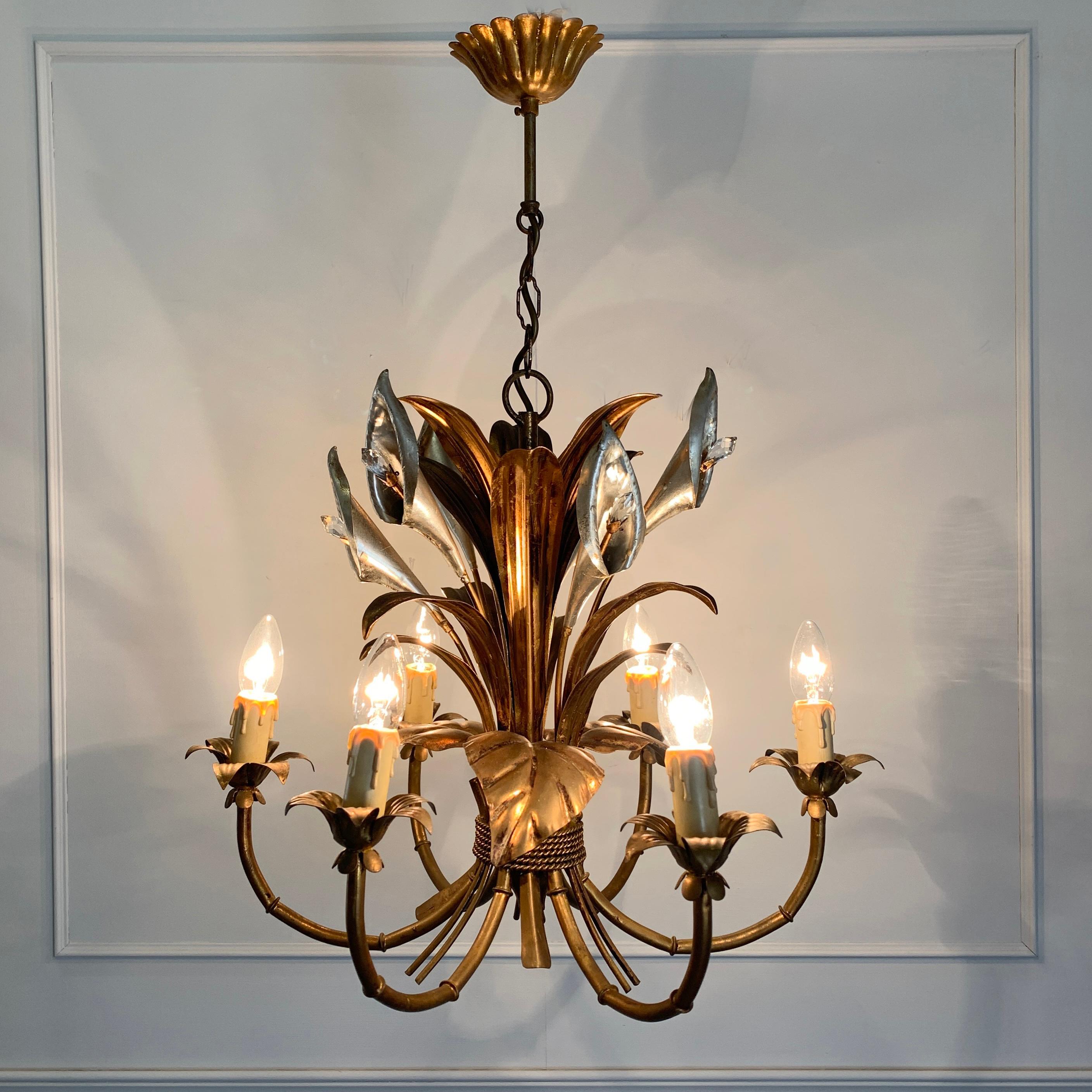 Hans Kögl calla lily chandelier, circa 1970s
Stunning silver and gilt calla lily flower design
Each silver calla lily has a central faceted Swarovski crystal stamen

There are 6 bulb holders with faux candle covers
Large and slim calla leaves are