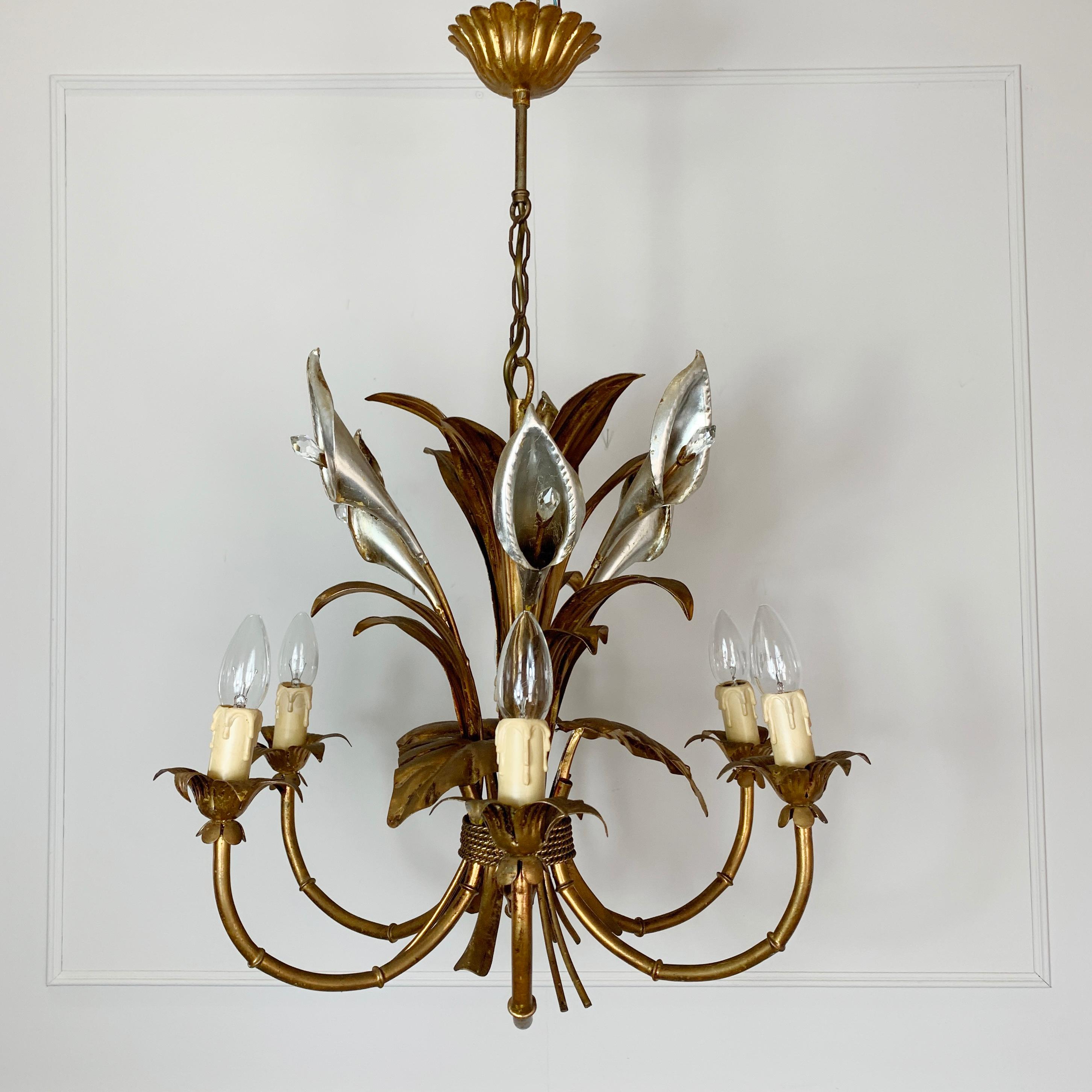 Mid-Century Modern Hans Kögl Gold and Silver Calla Lily Chandelier 1970’s For Sale