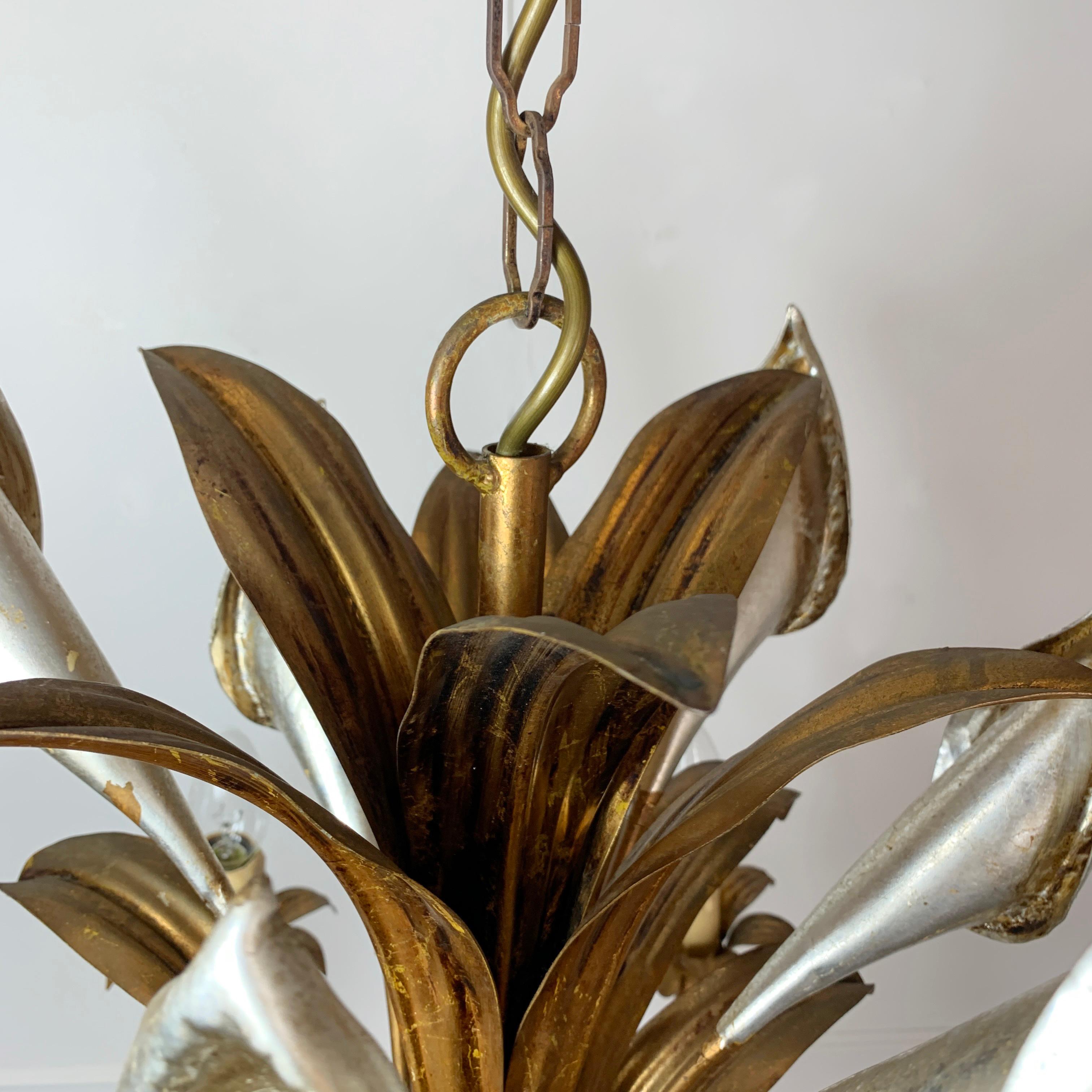 Metal Hans Kögl Gold and Silver Calla Lily Chandelier 1970’s For Sale