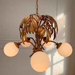 Hans Kogl Gilt Faux Bamboo Chandlier with Glass Globes