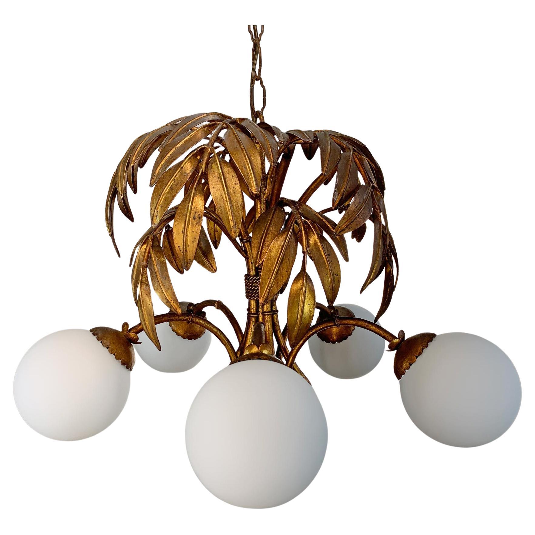 Hans Kogl Gilt Faux Bamboo Chandlier with Glass Globes For Sale